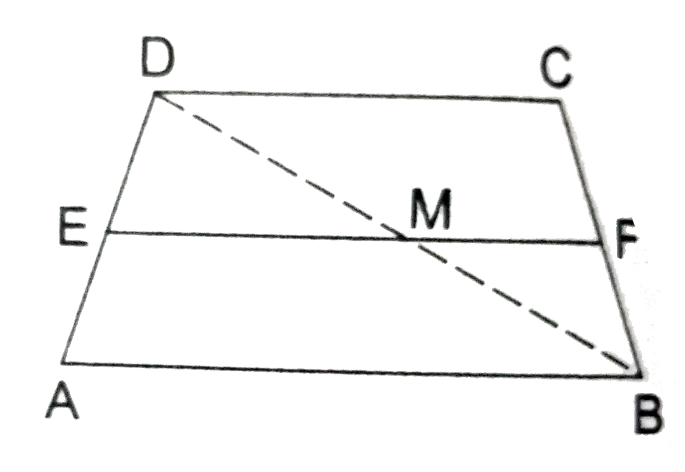 Let ABCD be a trapezium in which AB||DC and let E be the midpoint of AD. Let F be a point on BC such that EF||AB. Prove that      (i) F is the midpoint of BC, (ii)   EF =(1)/(2)(AB+DC).