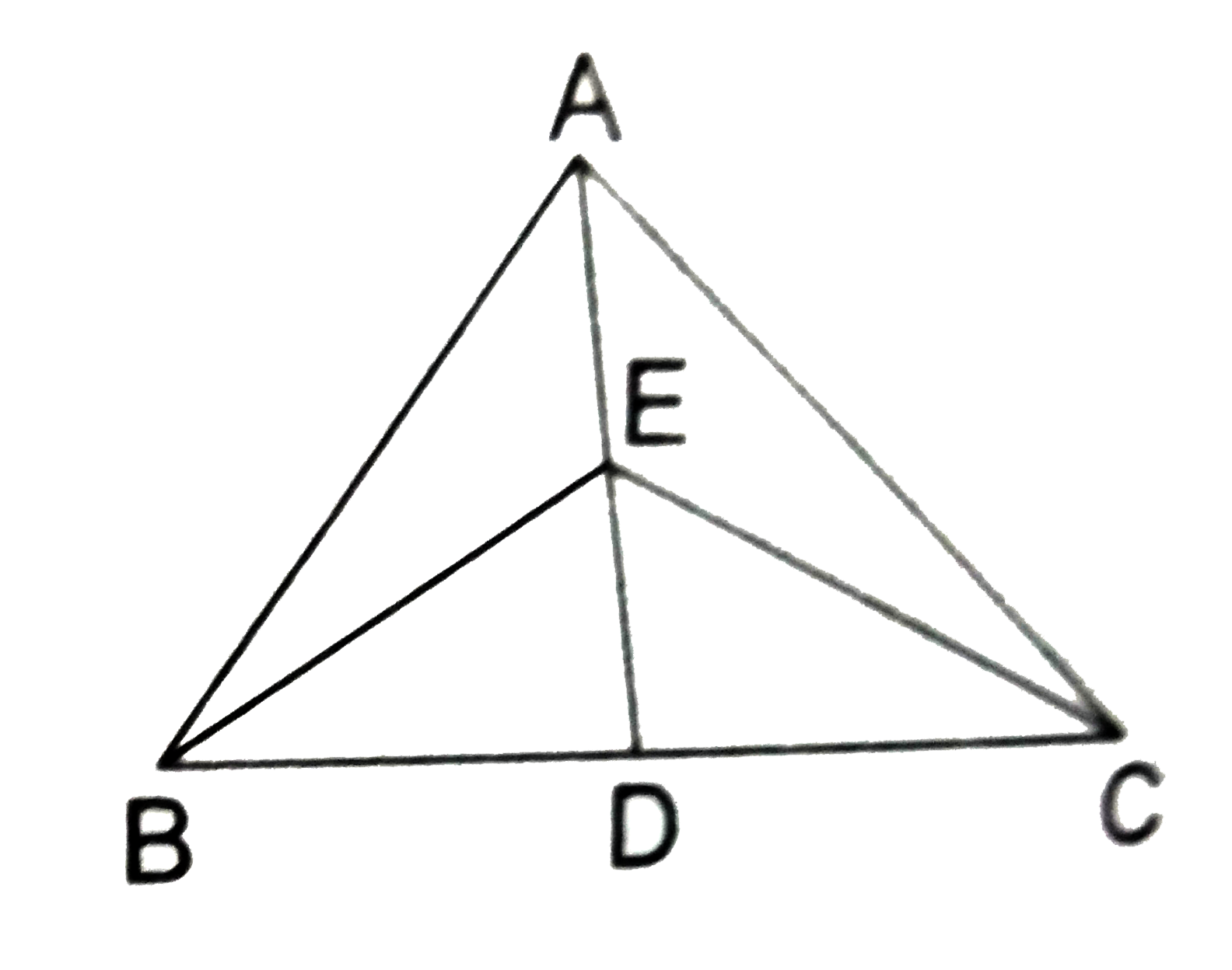 The vertex A of triangle ABC is joined to a point D on the side BC. The midpoint of AD is E.   Prove that ar(triangleBEC)=(1)/(2)ar(triangleABC).