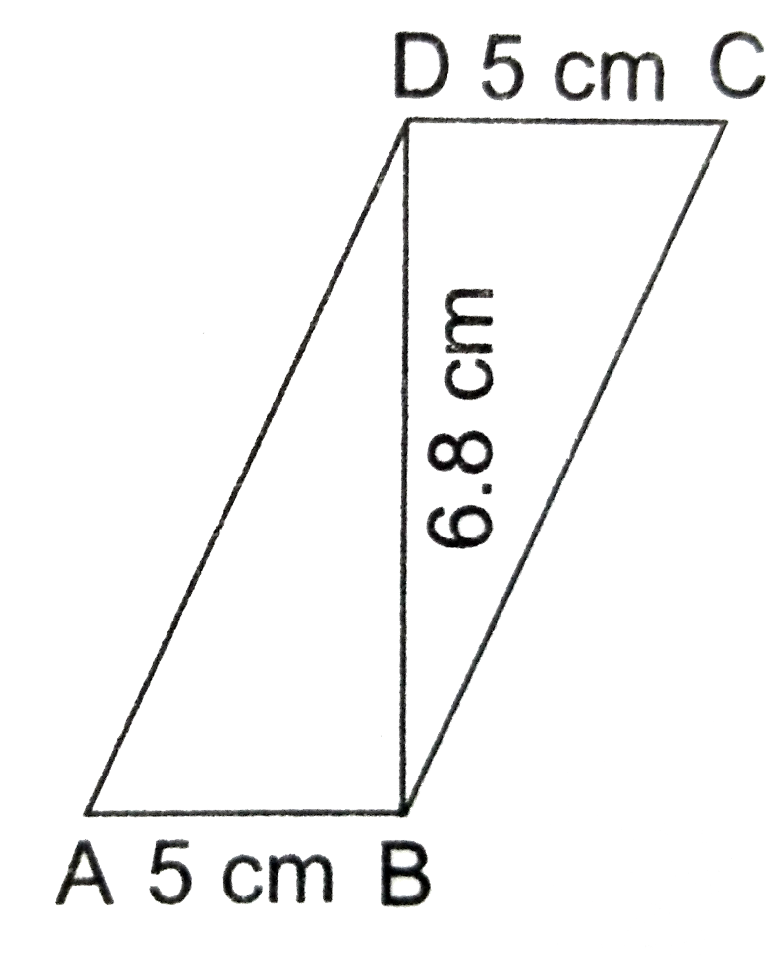 In the given figure, ABCD is a ||gm in which AB = CD = 5 cm and BD bot DC such that BD = 6.8 cm. Then, the area of ABCD = ?