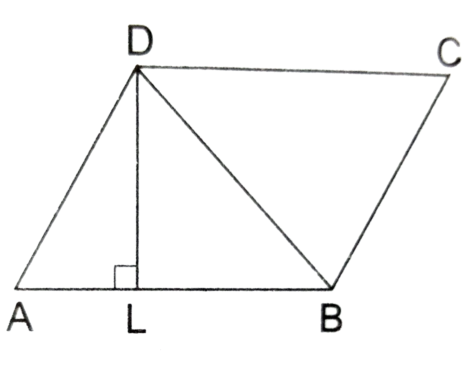 In the given figure, ABCD is a ||gm in which DL bot AB. IF AB = 10 cm and DL = 4 cm then the ar(||gm ABCD) = ?