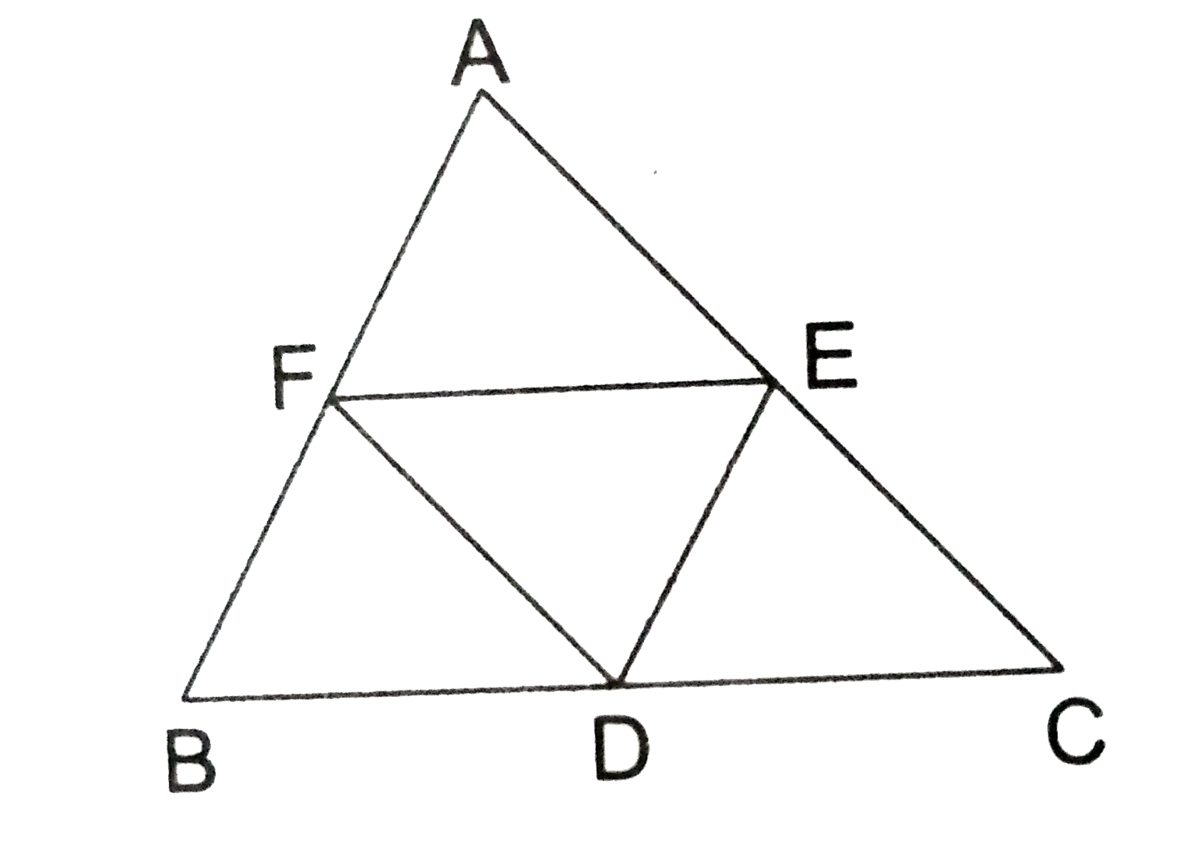 D, E, F are the midpoints of the sides BC, CA and AB respectively of triangleABC. Prove that  (i)   BDEF is a ||gm,   (ii) ar(triangleDEF)=(1)/(4) ar(triangleABC) and   (iii) ar(