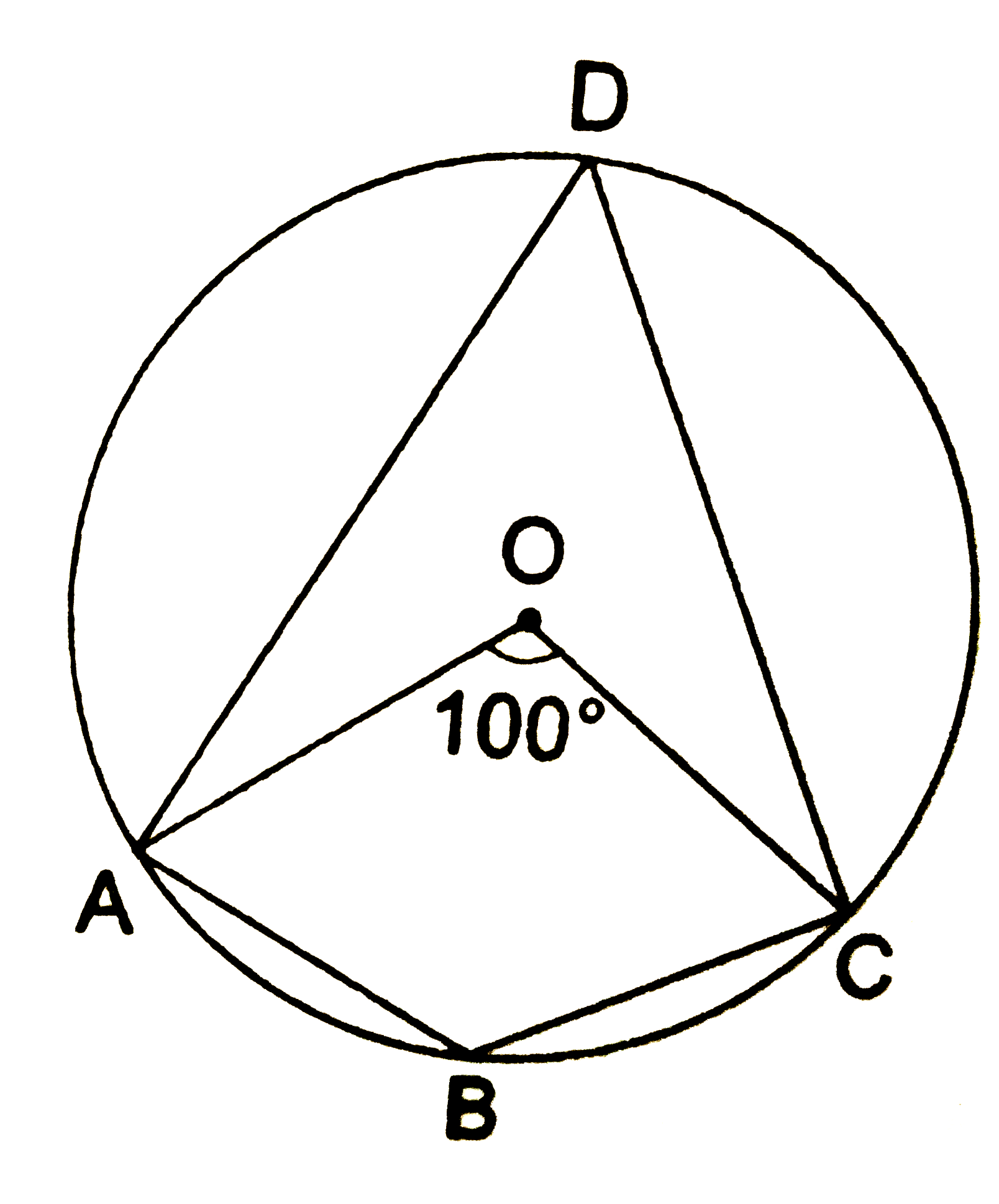 In the given figure, O is the centre of the given circle and measure of arc ABC is 100^(@). Determine / ADC and / ABC.