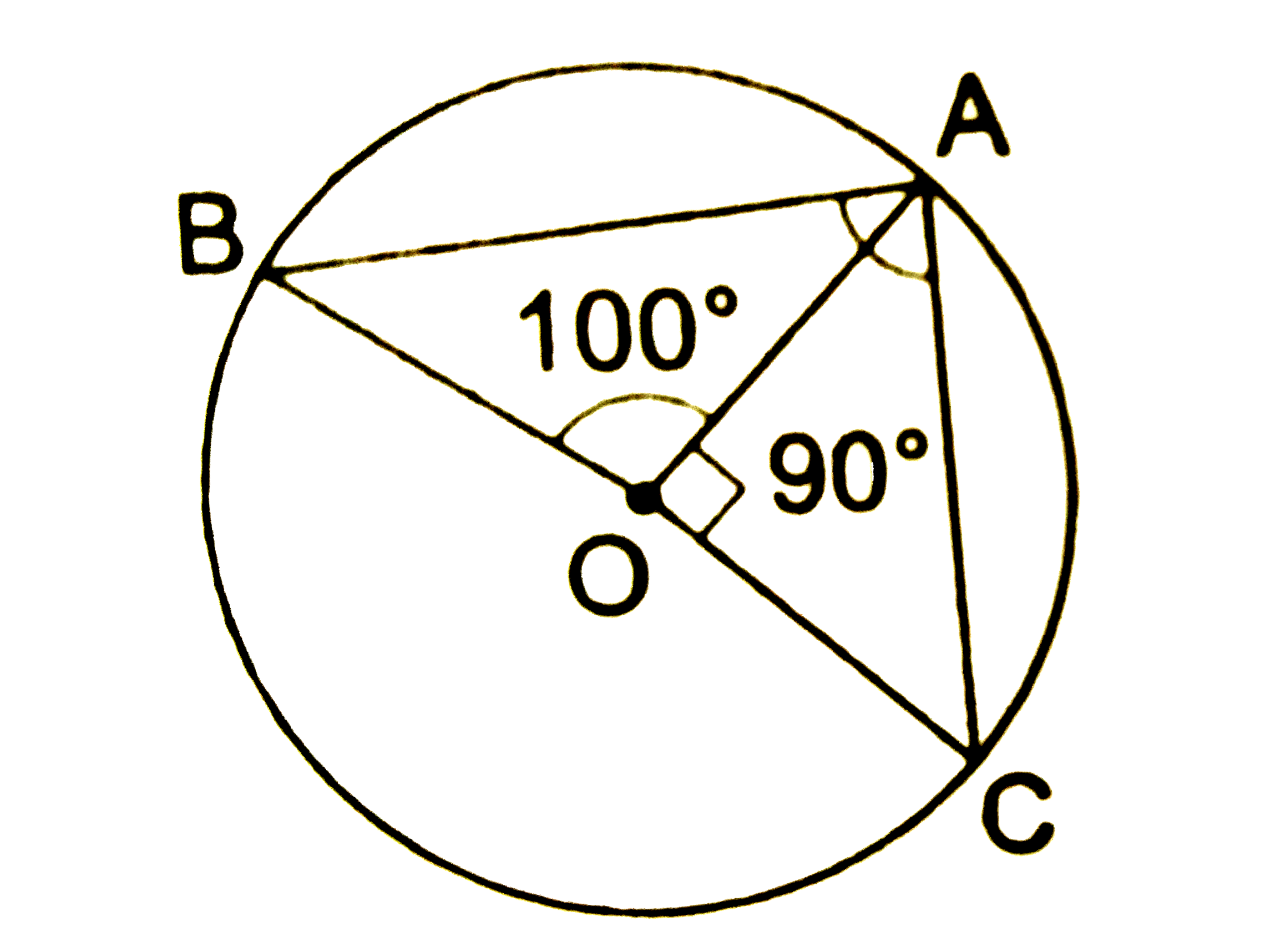In the given figure, O is the centre of a circle. If / AOB = 100^(@) and / AOC = 90^(@) then / BAC = ?