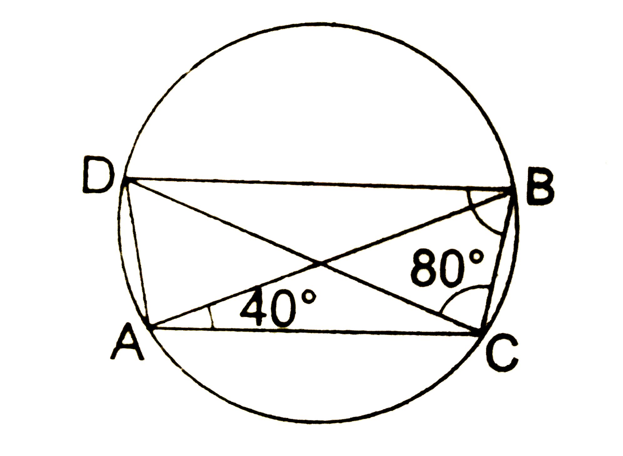 In the given figure, AB and CD are two  intersecting chords of acircle . If / CAB = 40^(@) and / BCD= 80^(@)then / CBD = ?