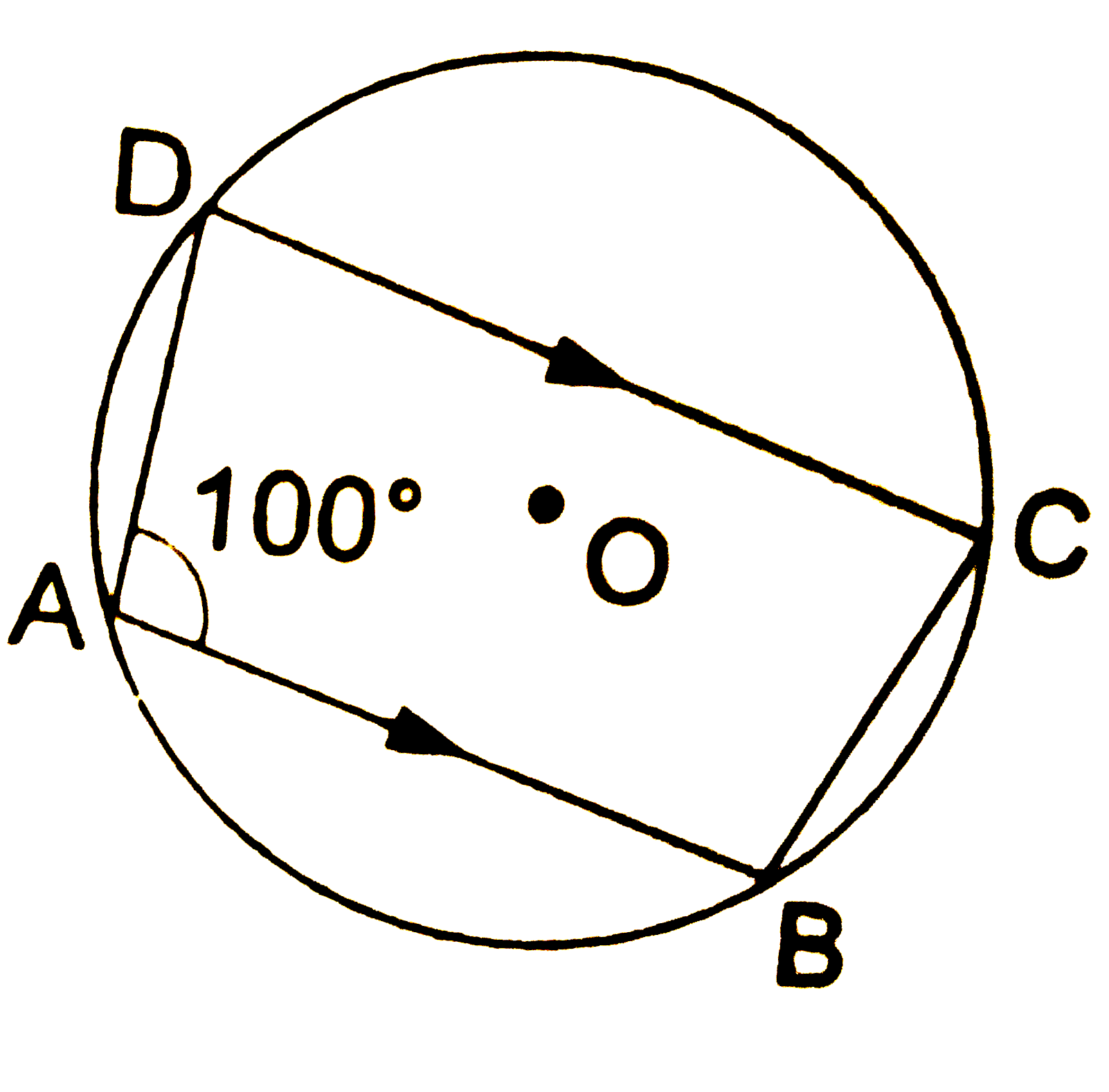 In the given figure, ABCD is a cyclic quadrilateral in which AB || DC and / BAD = 100^(@). Then, / ABC = ?