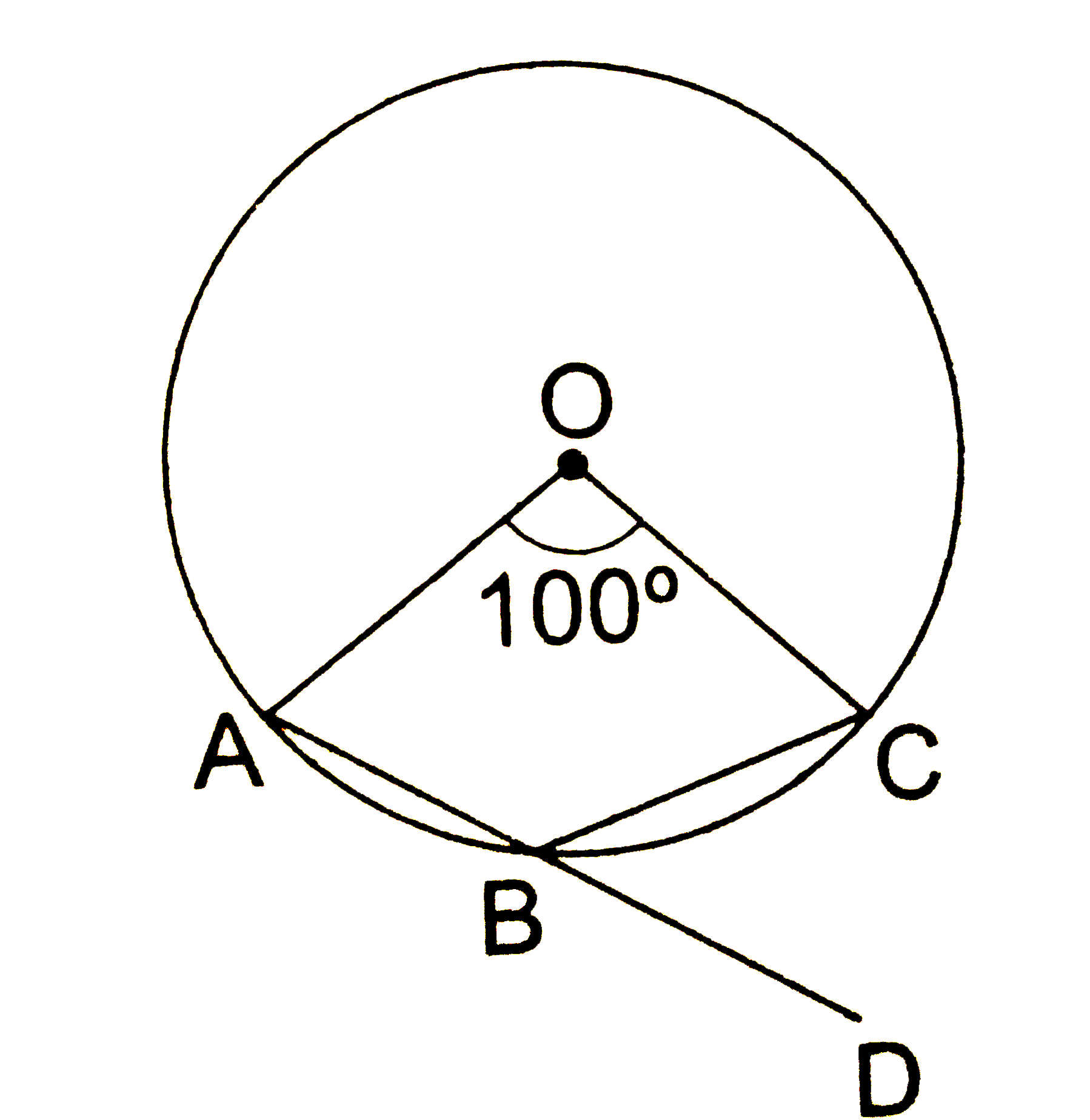 In the given figure, O is the centre of a circle in which /AOC =100^(@). Side AB of quad. OABC has been produced to D. Then, / CBD = ?