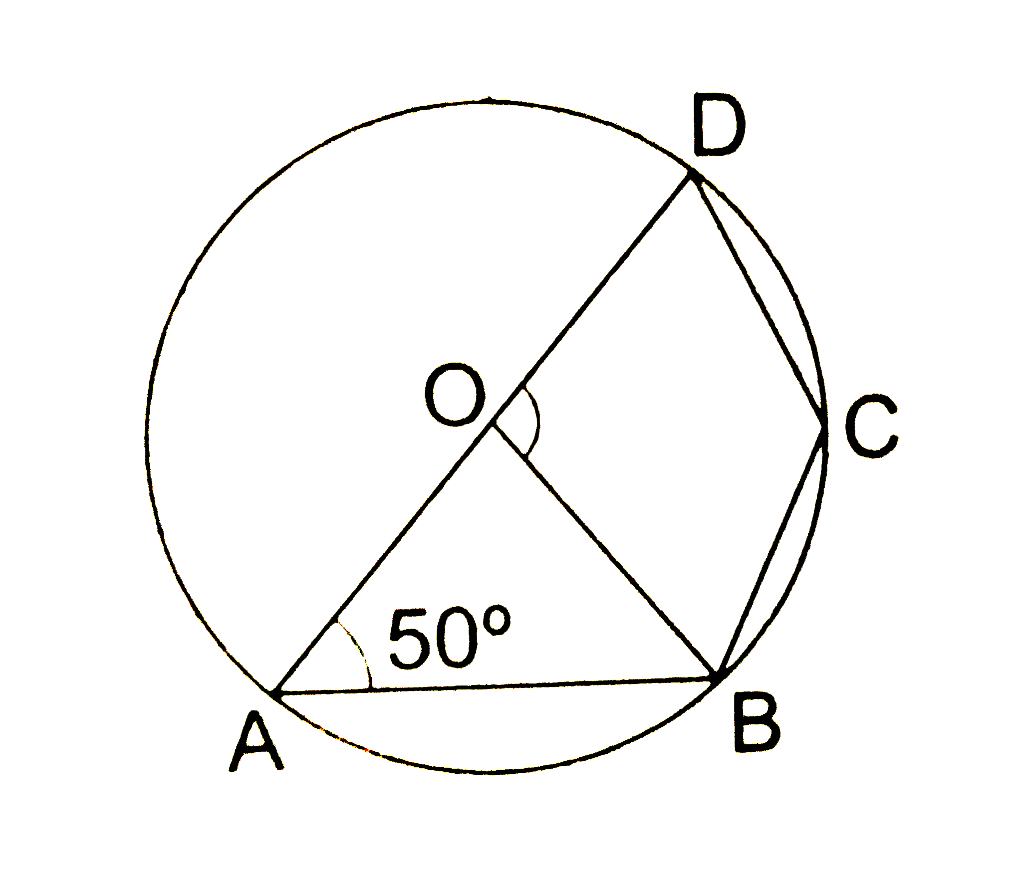 In the given figure, O is the centre of a circle and / OAB = 50^(@). Then . / BOD = ?