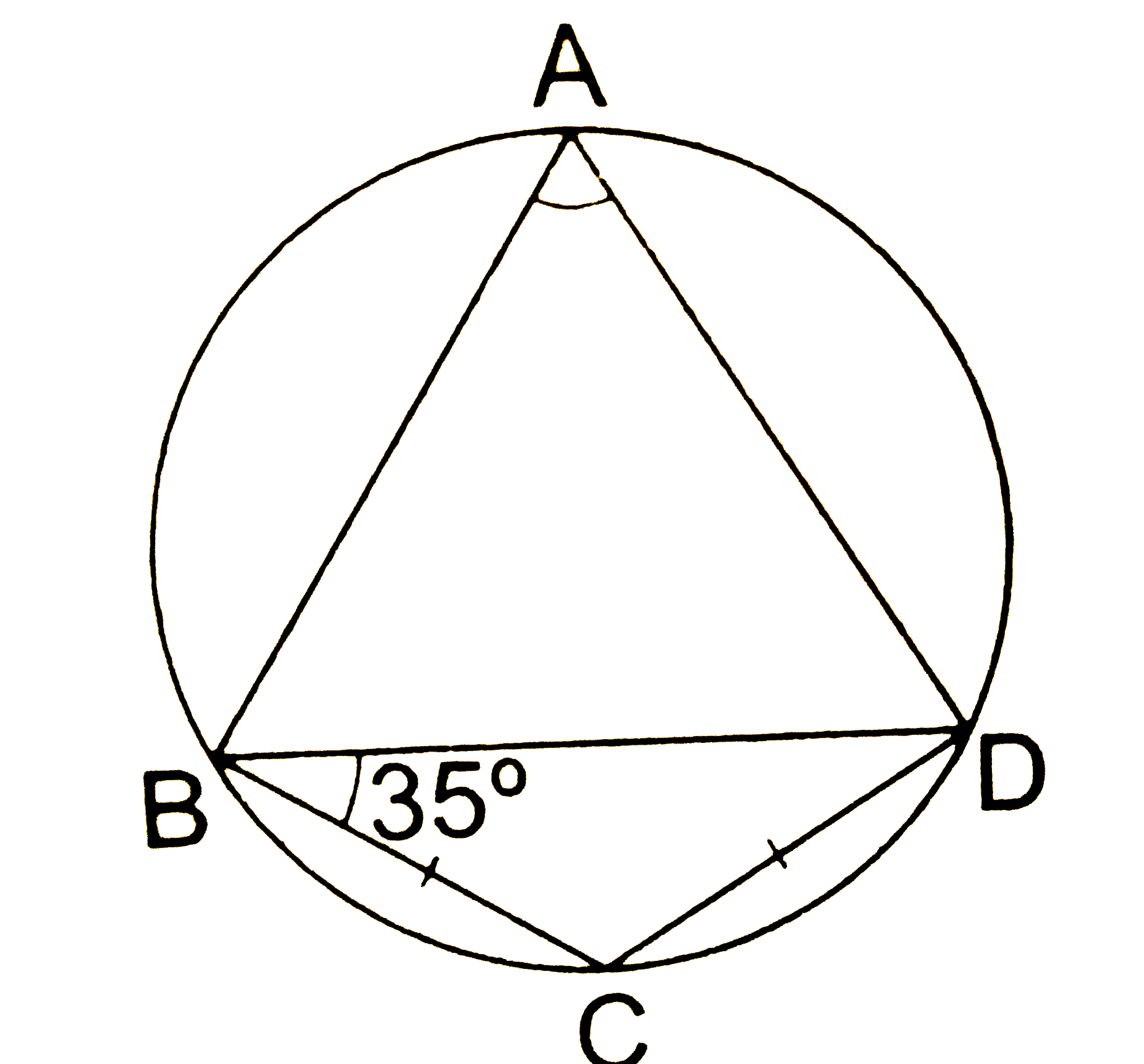 In the given figure, ABCD is a cyclic quadrialteral in which BC= CD and / CBD = 35^(@). Then, / BAD = ?