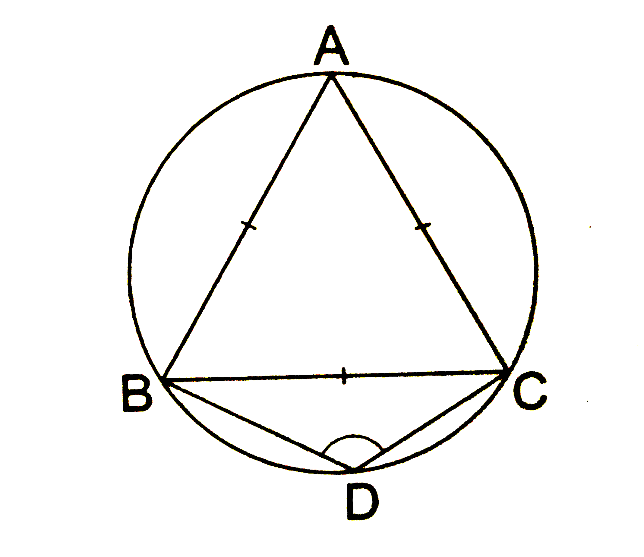 In the given , equilateral DeltaABC is inscribed in a circle and ABDC is a quadrialteral, as shown. Then , / BDC= ?