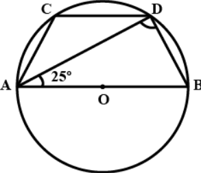 In the given figure, AB is a diameter of the circle and CD||AB. If / DAB = 25^(@), calculate    (i) / ACD  and / CAD