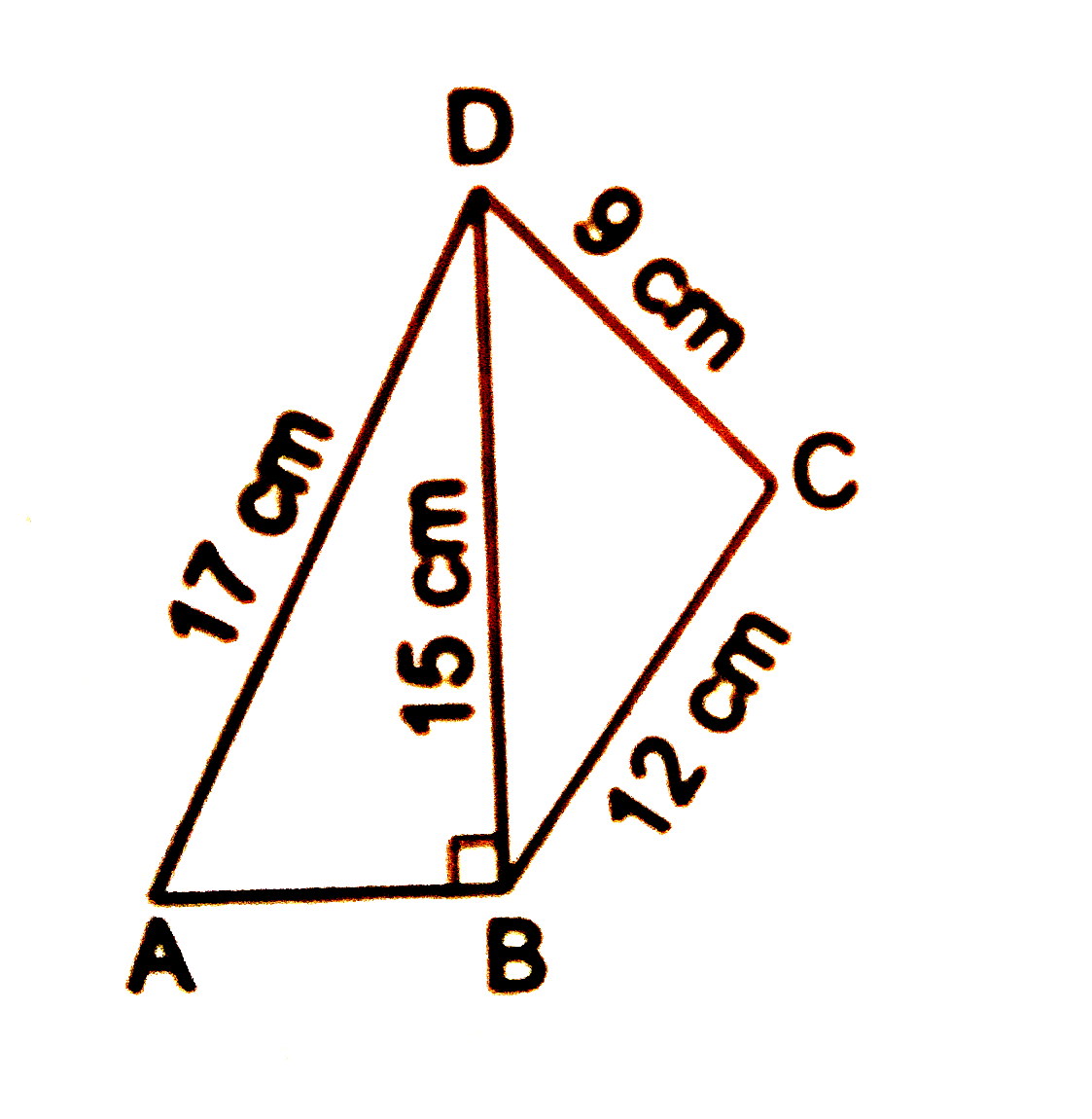 Find the perimeter and area of a quadrilateral ABCD in which BC = 12 cm, CD = 9 cm, BD = 15 cm, DA = 17 cm and angle ABD = 90^(@).