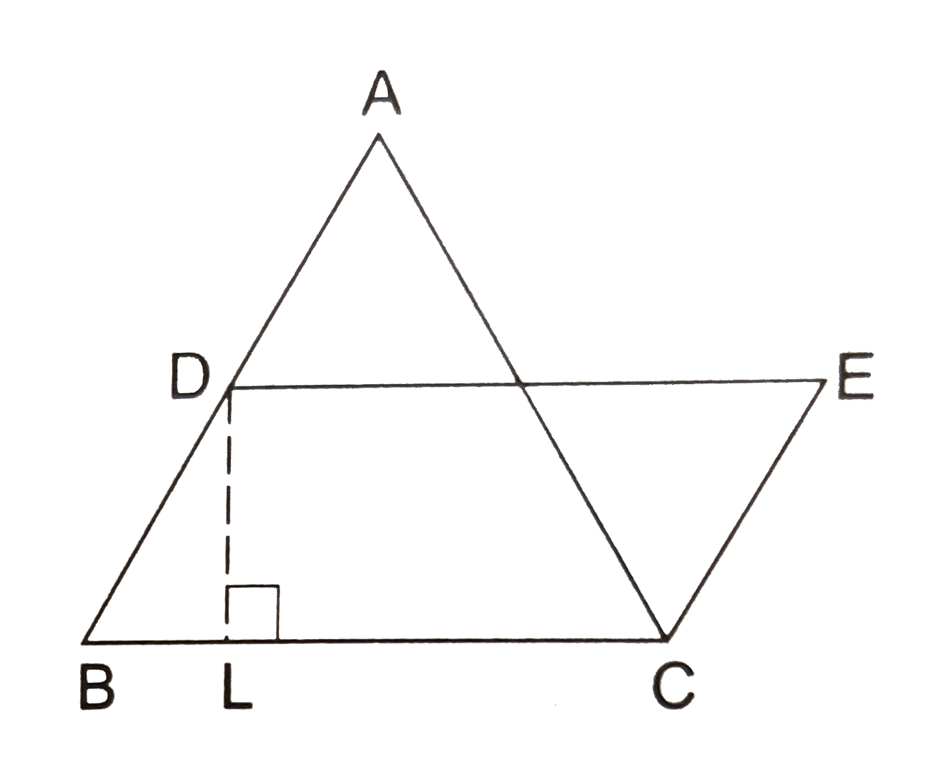 In the given figure, a Delta ABC has been given in which AB = 7.5 cm, AC = 6.5 cm and BC = 7 cm. On base BC, a parallelogram DBCE of the same area as that of Delta ABC is constructed. Find the height DL of the parallelogram.