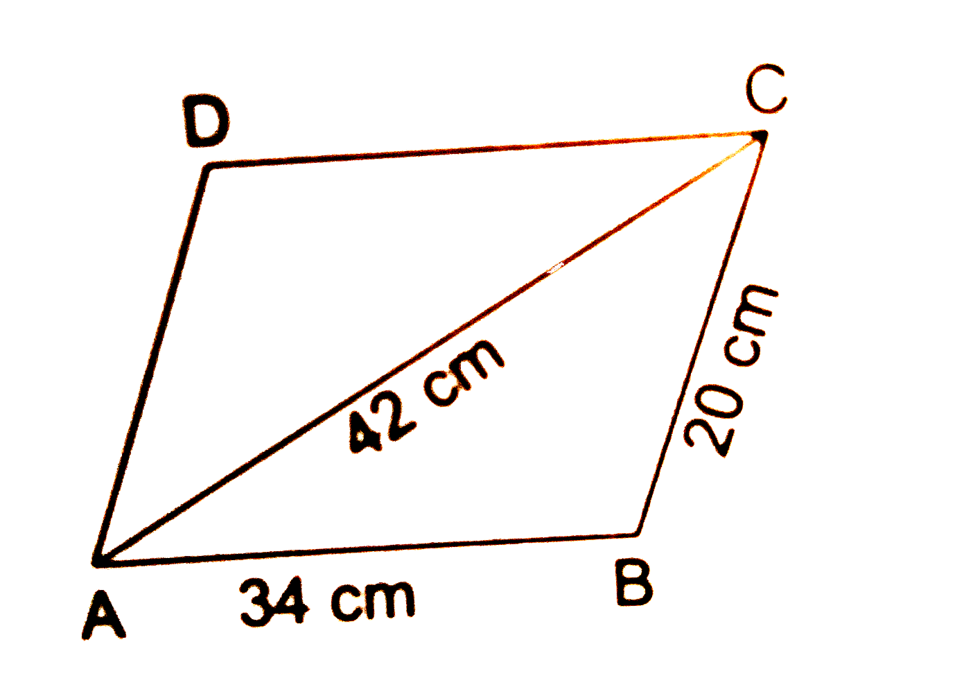 The adjacent sides of a parallelogram ABCD are AB = 34 cm, BC = 20 cm and diagonal AC = 42 cm. Find the area of the parallelogram.