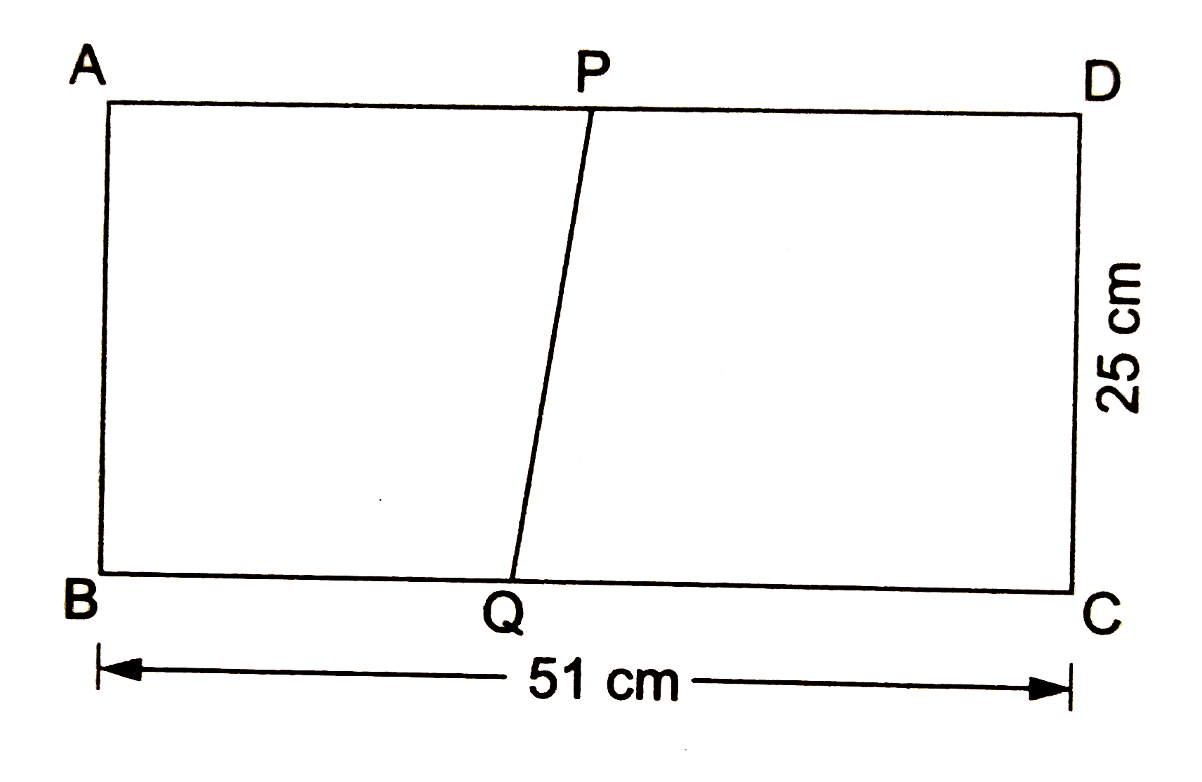 In the given figure, ABCD is a rectangle of length 51 cm and bredth 25 cm. A trapezium PQCD with its parallel sides QC and PD in the ratio 9 : 8 is cut off from the rectangle, as shown in the figure. If the area of the trapezium PQCD is (5)/(6)th part of the area of the rectangle, find the lengths QC and PD.