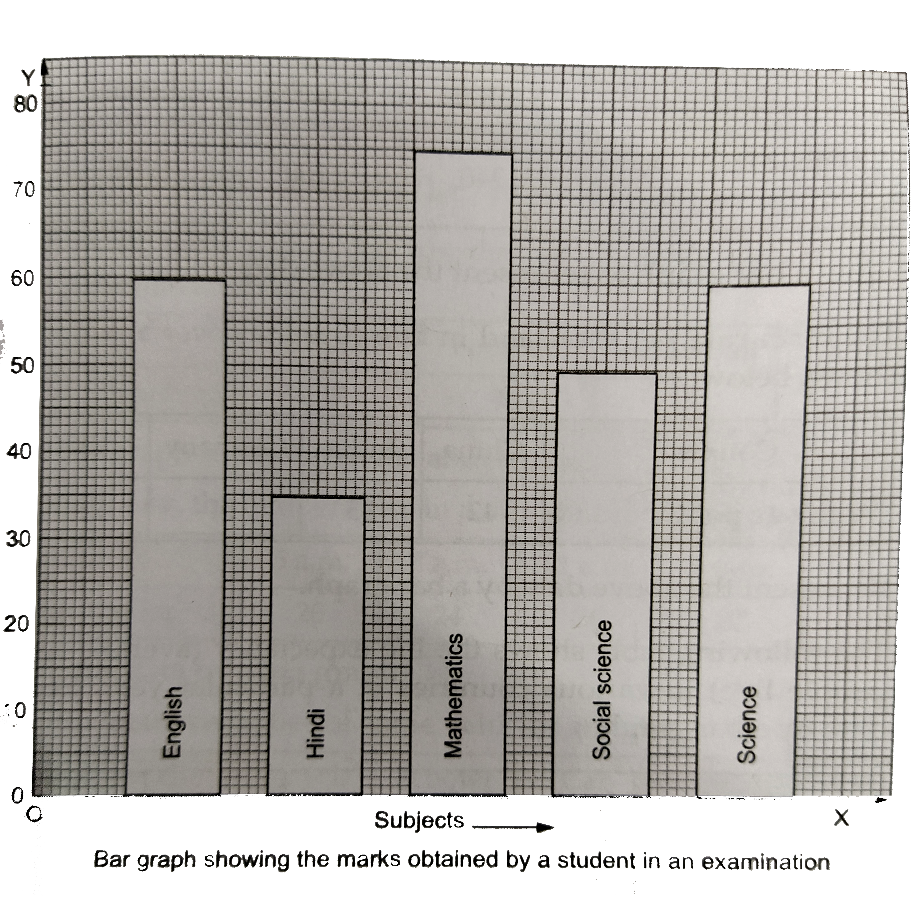 Look at the bar graph given below.      Read it carefully and answer the following questions.   (i) What information does the bar graph give?   (ii) In which subject is the student very good?   (iii) In which subject is he poor?   (iv) What is the average of his marks?