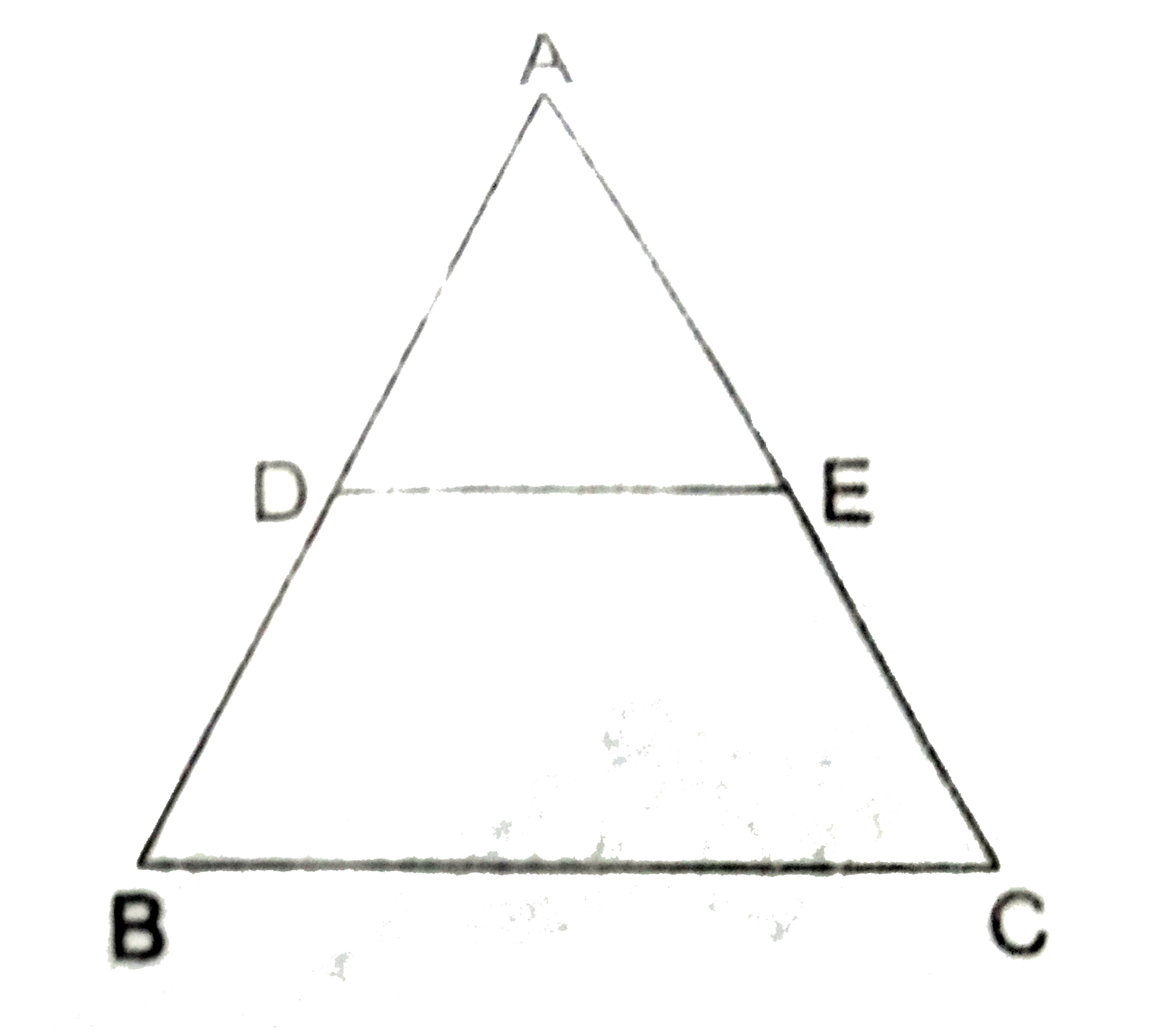 In the adjoining figure, ABC is a triangle in  whcich AB=AC. If D and E are poitns on  AB and AC respecrtively such that AD=AE, show that the points B,C,E and D are concyclic.