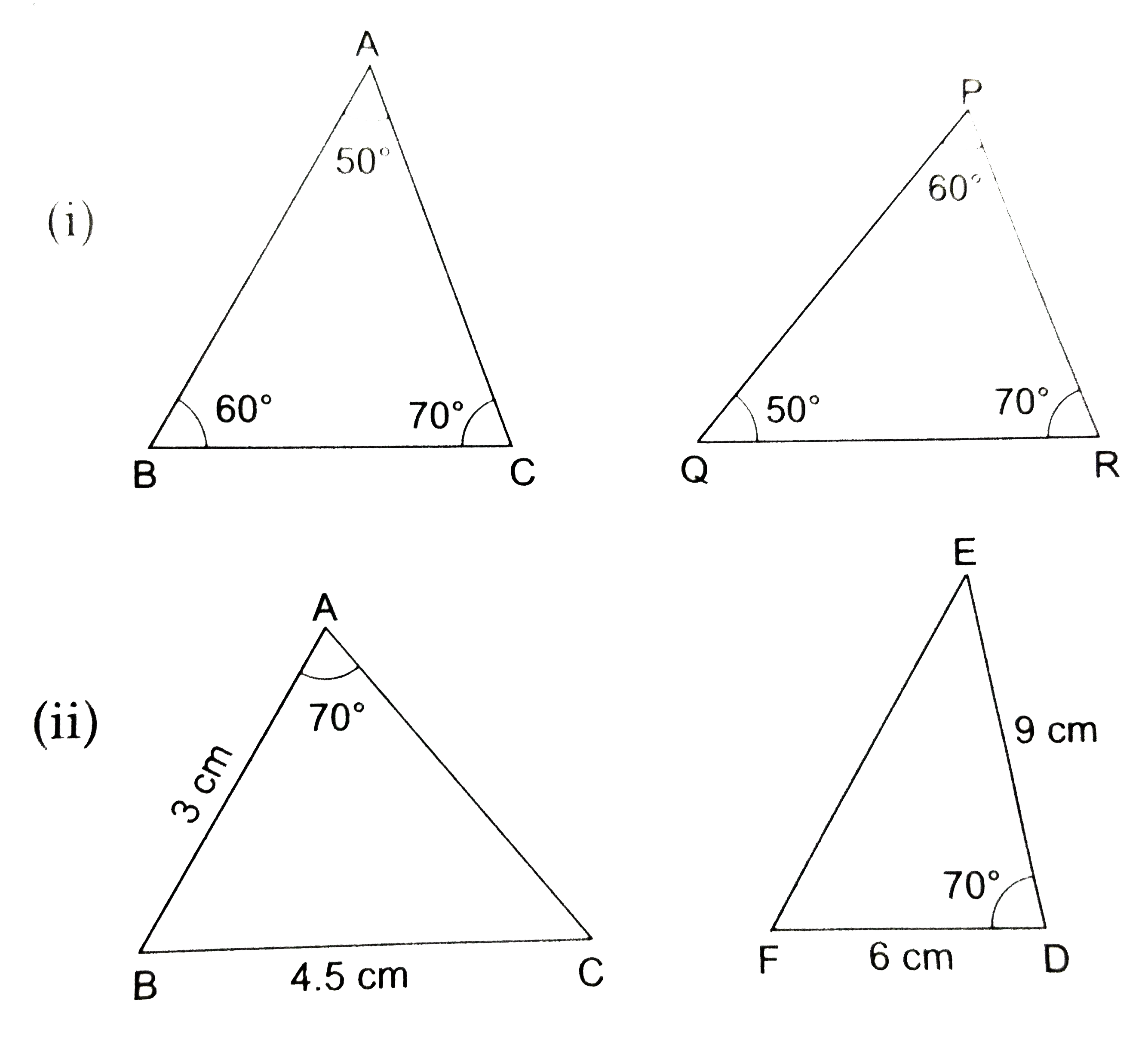In each of the given pairs of triangles, find which pair of triangles are similar. State the similarity criterion and write the similarity relation in symbolic form.