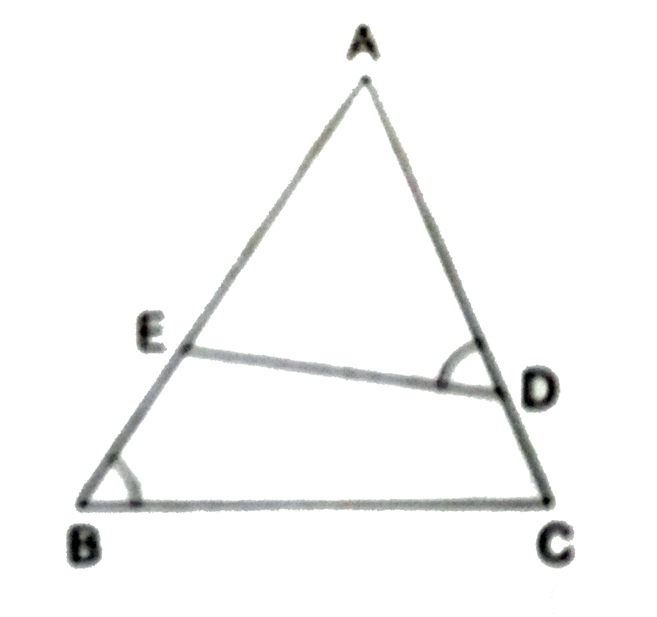 In the given figure, if angle ADE= angle B, show that Delta ADE~ Delta ABC. If AD=3.8 cm, AE=3.6 cm, BE=2.1 cm, and BC =4.2 cm, find DE.