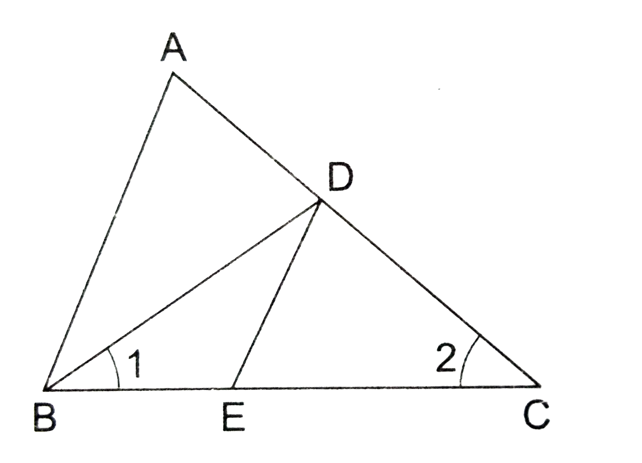 In the given figure, angle 1 = angle 2 and (AC)/(BD)=(CB)/(CE) prove that Delta ACB~ Delta DCE.