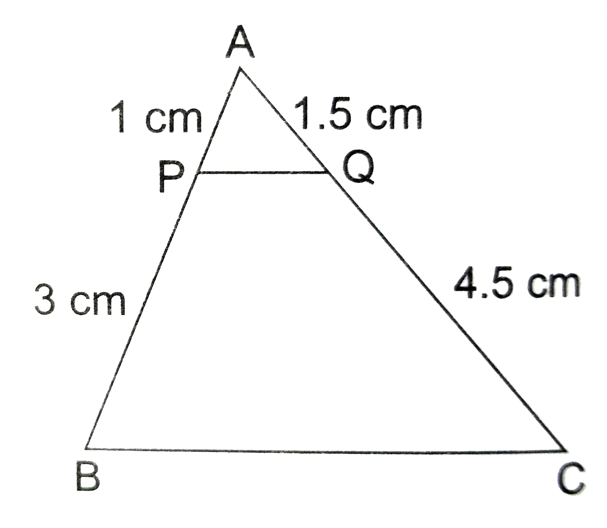 In the given figure, ABC is triangle and PQ is a stright line meeting AB in P and AC in Q. if AP=1 cm, PB=3 cm, AQ=1.5 cm, QC=4.5 cm prove that  area of Delta APQ  is  (1)/(16) of the area of Delta ABC.