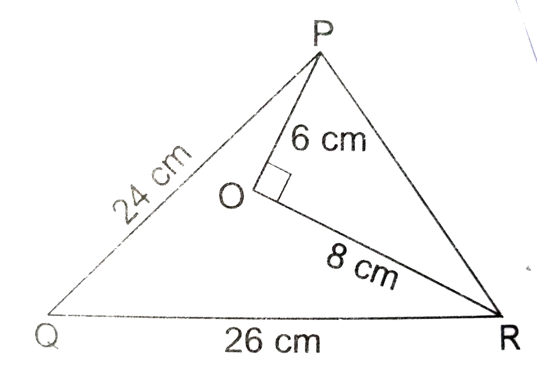 In the given figure, O is point inside a Delta PQR such that angle POR=90^(@), OP=6 cm and OR=8 cm. If PQ=24cm and QR=26cm, prove that Delta PQR is right angled.