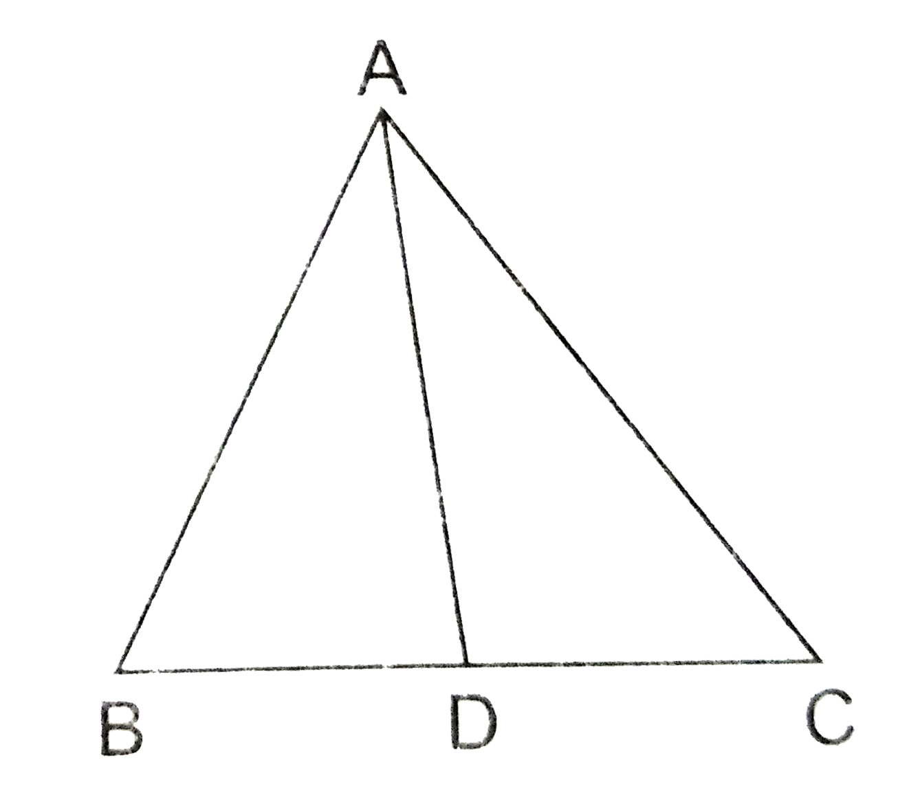 In Delta ABC it is given that (AB)/(AC)=(BD)/(DC) . If angle B=70^(@) and angle C=50^(@)