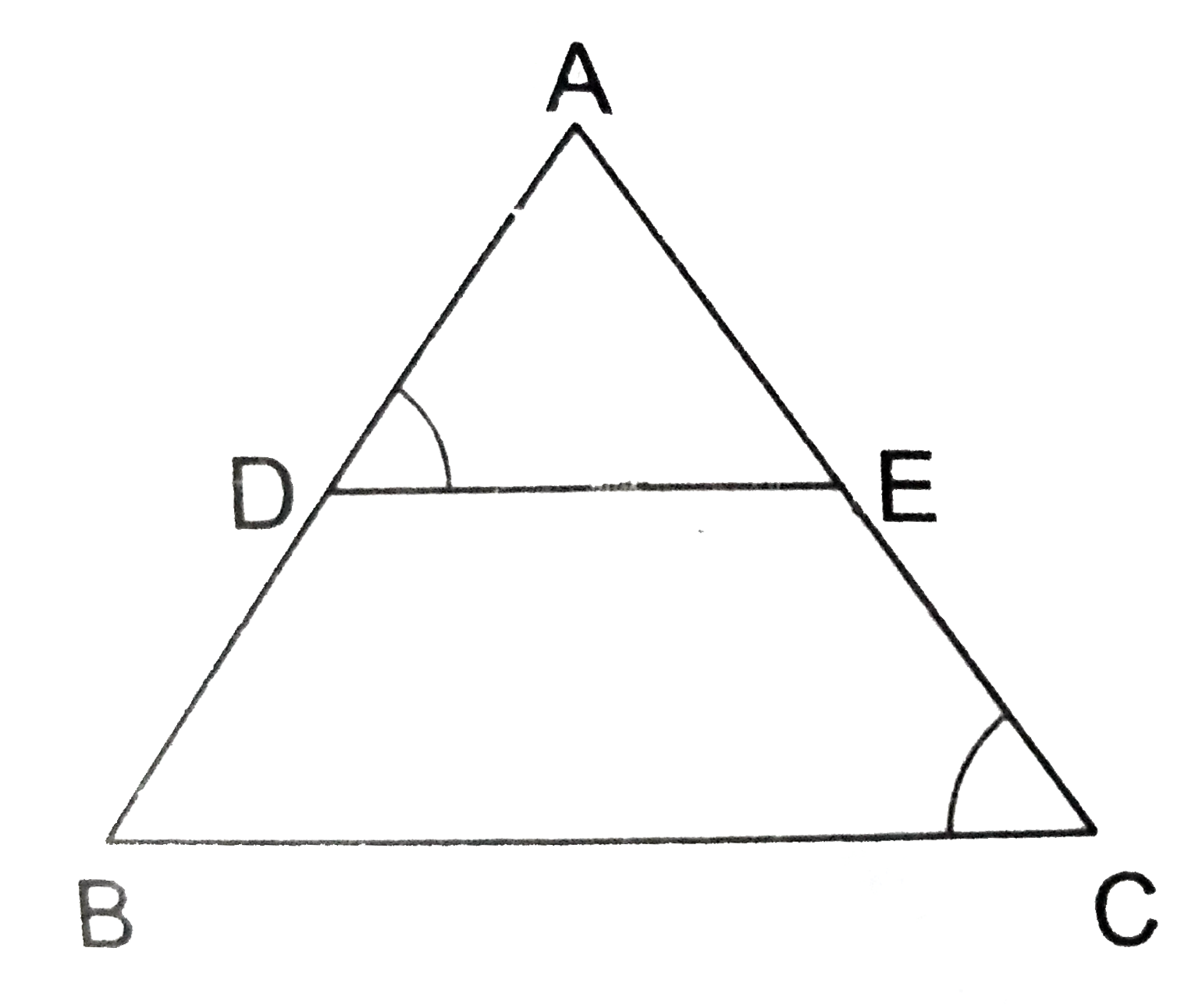 In the  given figure, (AD)/(DB)=(AE)/(EC) and angle ADE=angleACB. Prove that Delta ABC is an isosceles triangle.