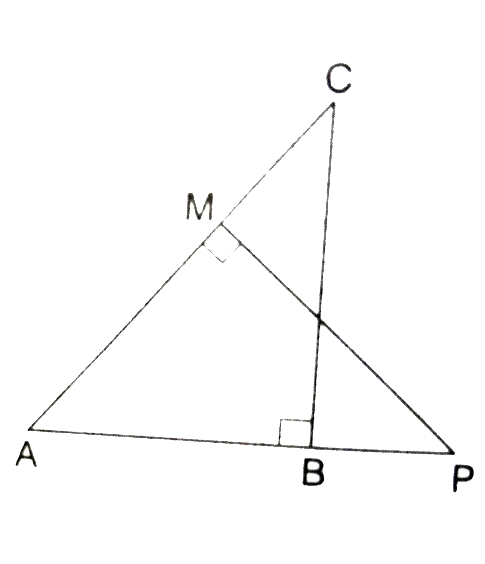 In the given figure, Delta ABC and Delta AMP are right- angled at B and M respectively.   Prove that (i) Delta ABC ~~Delta AMP   (ii) (CA)/(PA)=(BC)/(MP)