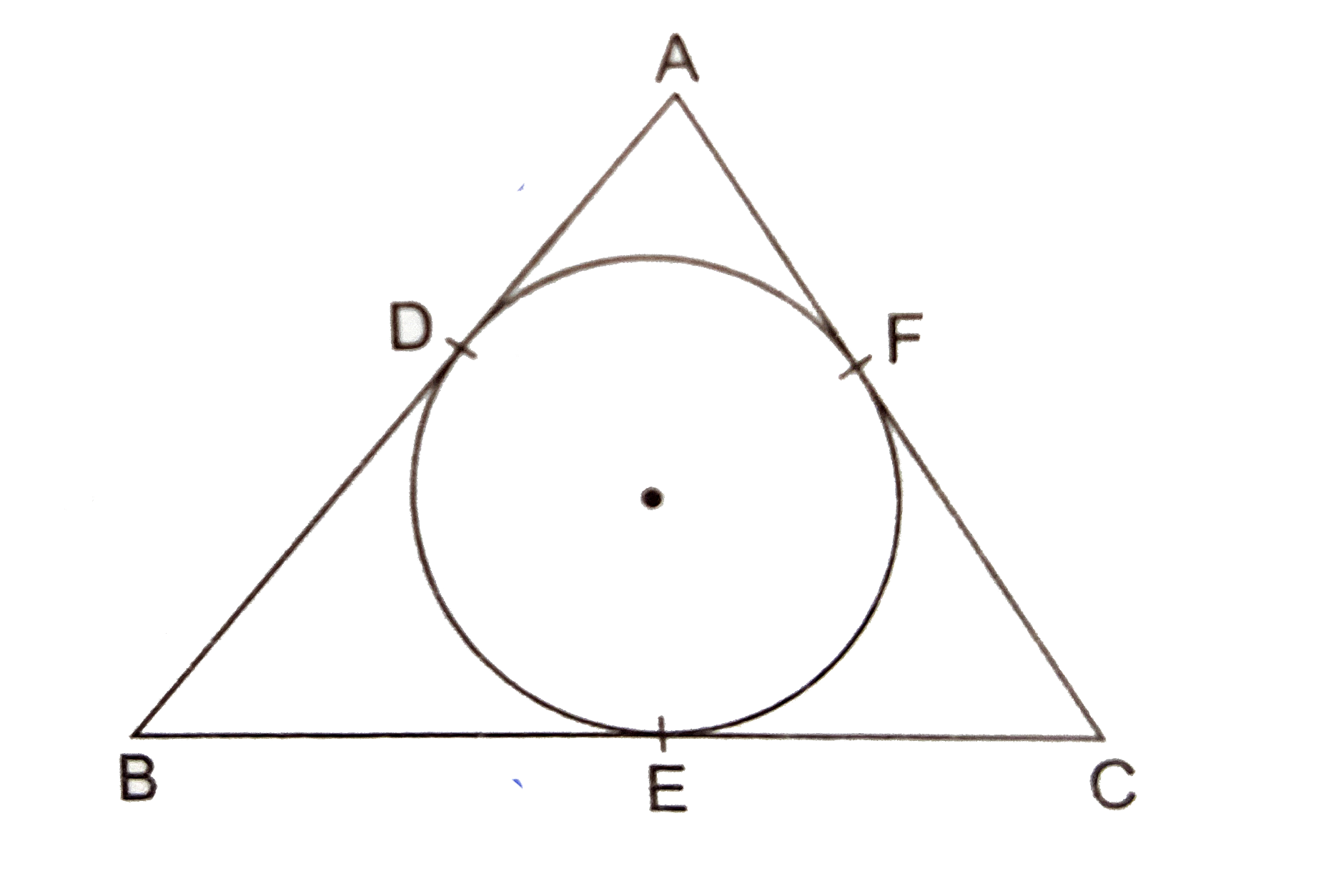 In the given figure, a circle inscribed in a triangle ABC, touches the sides AB, BC and AC at points D, E and F respectively. If AB=12cm, BC=8cm and AC=10cm, find the lengths of AD, BE and CF.