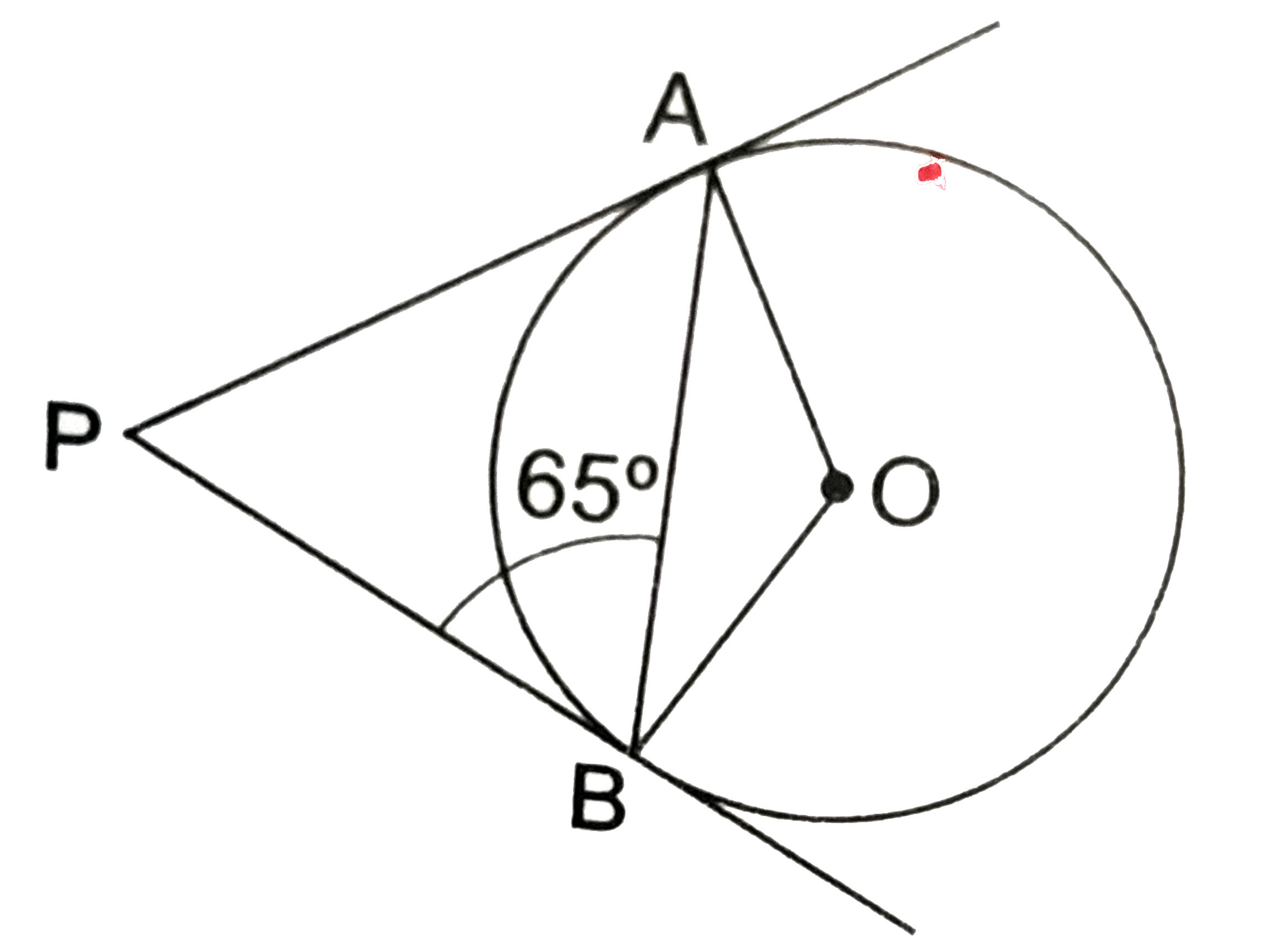 In the given figure, PA and PB are two tangents from an external point P to a circle with centre O. If /PBA=65^(@), find /OAB and /APB.