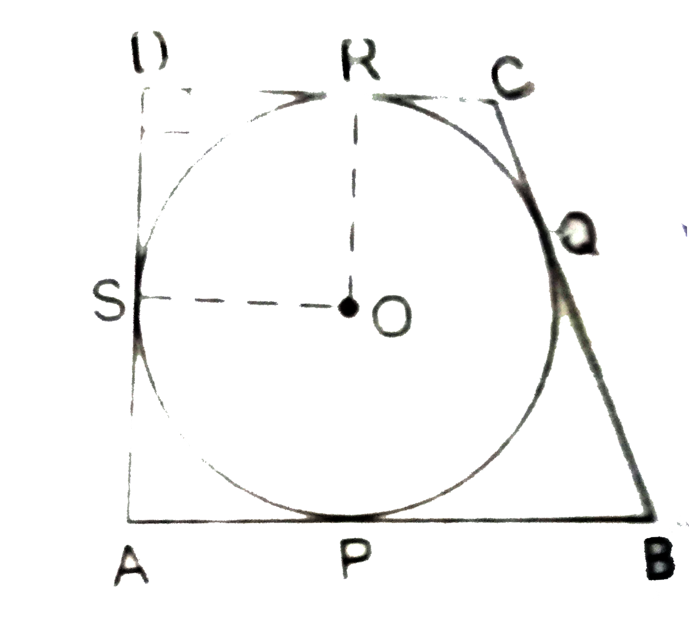 In the given figure, ABCD is a quadrilateral such that /D=90^(@). A circle with centre O and radius r, touches the sides AB, BC, CD and DA at P, Q, R and S respectively. If BC=40cm, CD=25cm and BP=28cm, find r.