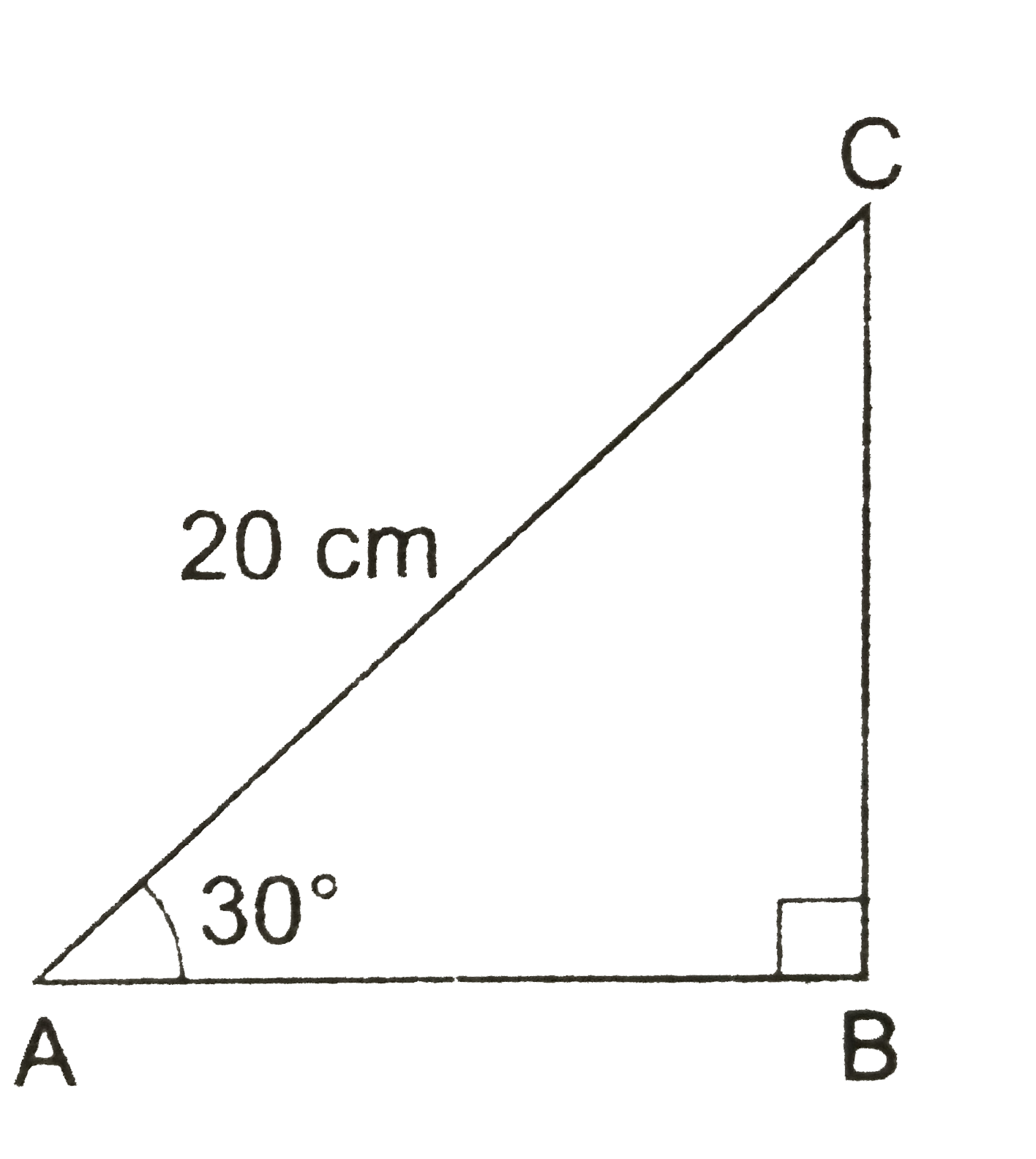 In the adjoining figure, DeltaABC is a right-angled triangle in which /B=90^(@), /A=30^(@) and AC=20cm. Find (i) BC, (ii) AB.