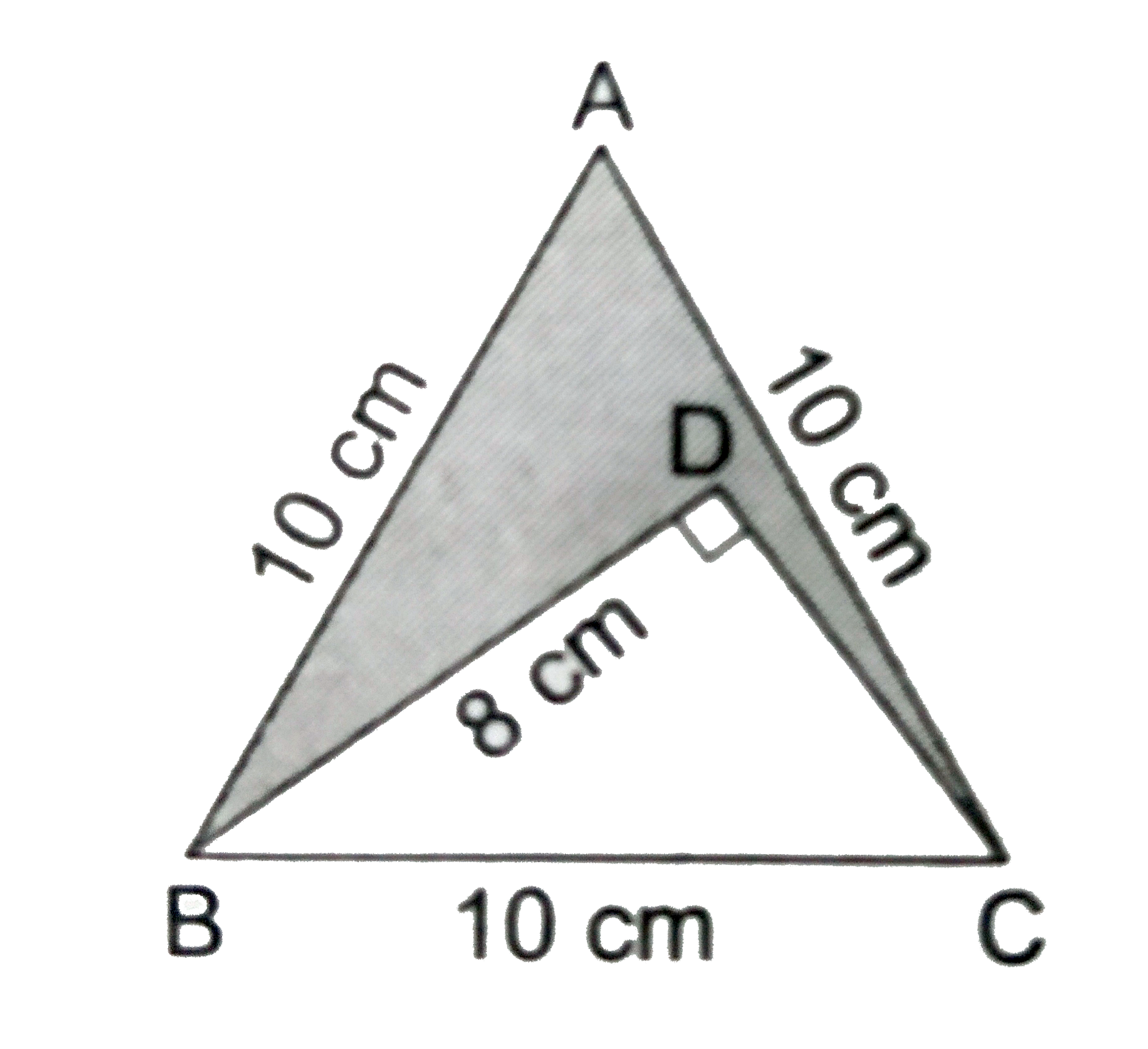 In the  given  figures ,triangle ABC  is  an equilateral triangle the length  of whose side  is equal  to 10 cm , and  Delta  DBC right  - angled  at D and BD=8 cm . Find  the  area of the  shaded  region  [