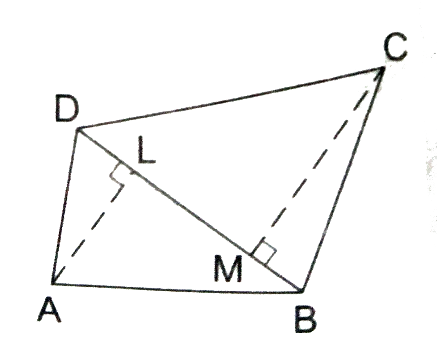In the  given figure  ABCD  is a  quadrilateral  in  which  diagonal  BD=24 cm, AL bot  BD and CM bot  BD such that AL=9 cm and  CM=12 cm. Calculate  the area  of the  quadrilateral .