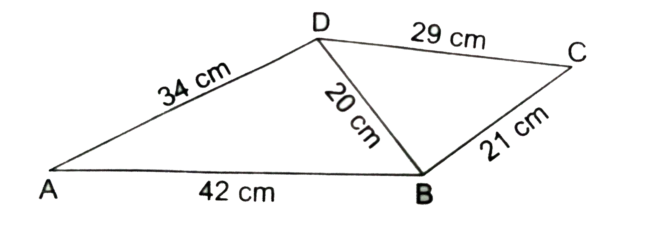 Find the  area of the  quadrilateral ABCD in  which  AB= 42 cm. Bc=21 cm ,CD=29 cm ,DA = 34 cm and  diagonal  BD= 20 cm .