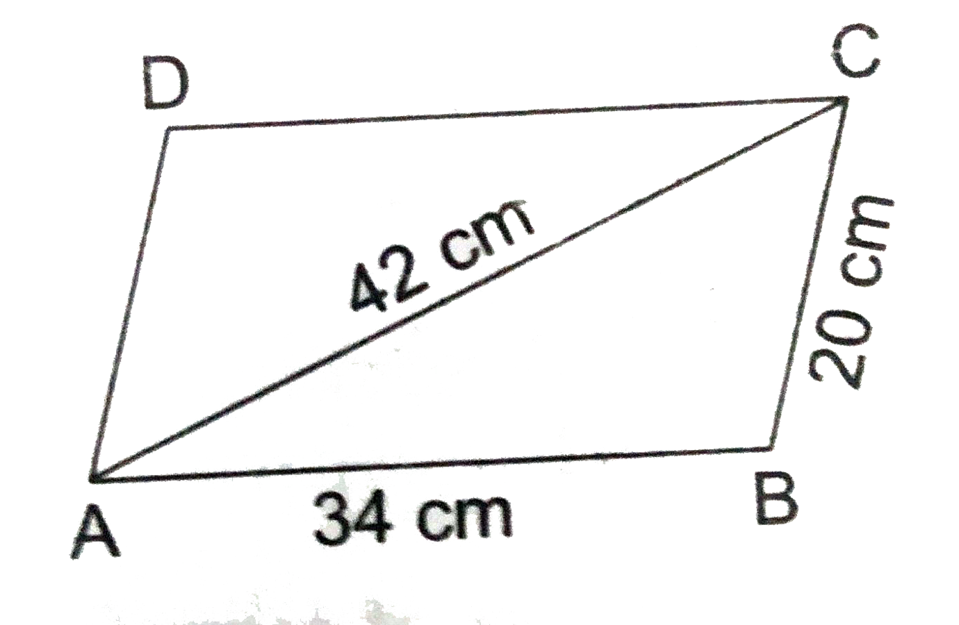The  adjacent sides of a  parallelogram ABCD  measure  34 cm  and  20 cm  , and the  diagonal ac measures  42 cm . Find the area  of the  parallelogram