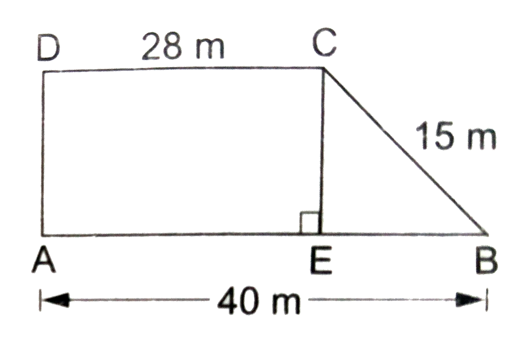 In the  given  figure  ABCD is a trapezium  in which AB = 40 m,  BC=15 m ,CD= 28 m ,AD=9 m  and CE bot AB. area  of trap.ABCD is