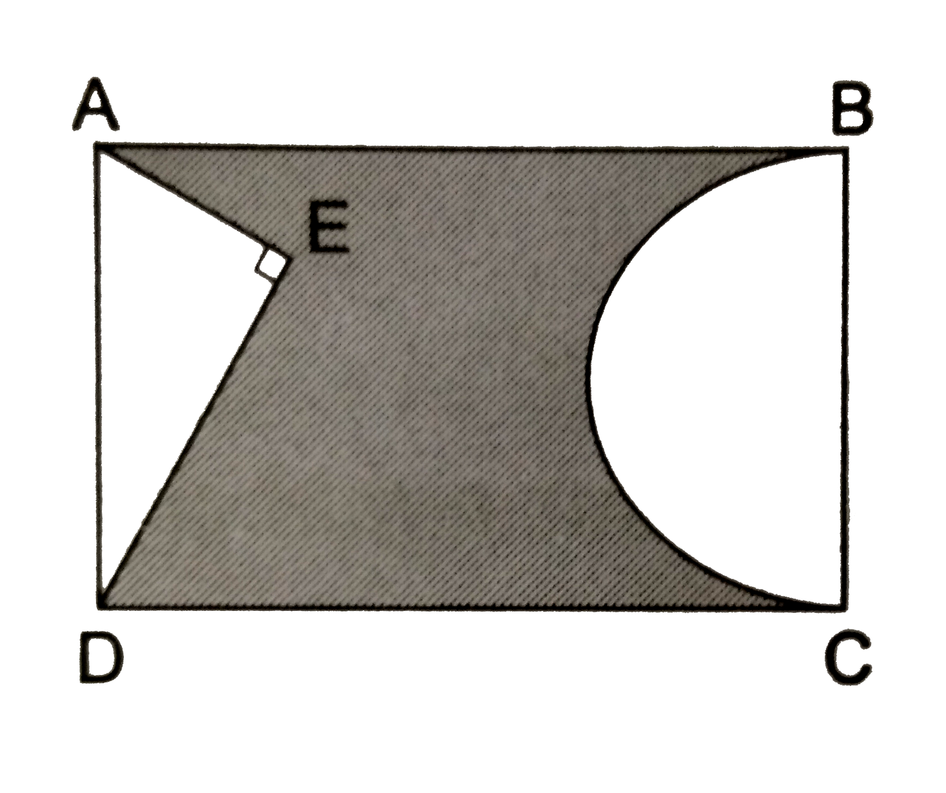 In the given figure, ABCD is a rectangle with AB=80cm and BC=70cm, /AED=90^(@) and DE=42cm.  A semicirle is drawn, taking BC a diameter. Find the area of the shaded region.