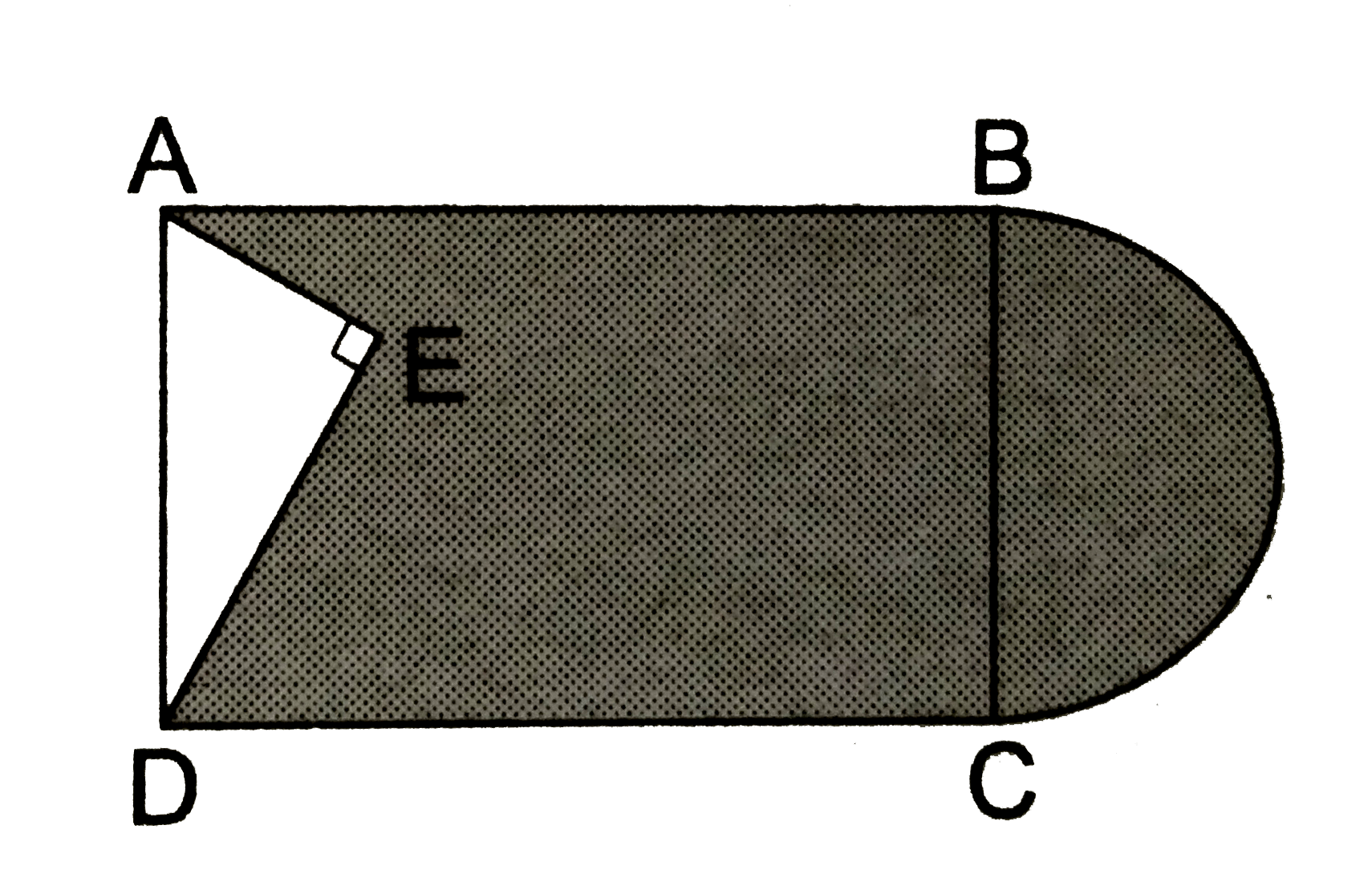In the given figure, from a rectangular region ABCD with AB=20cm a right triangle AED with AE=9cm and DE=12cm, is cut off. On the other end, taking BC as diameter, a semicircle is added on outside the region. The area of the shaded region.   [Use pi=3.14]