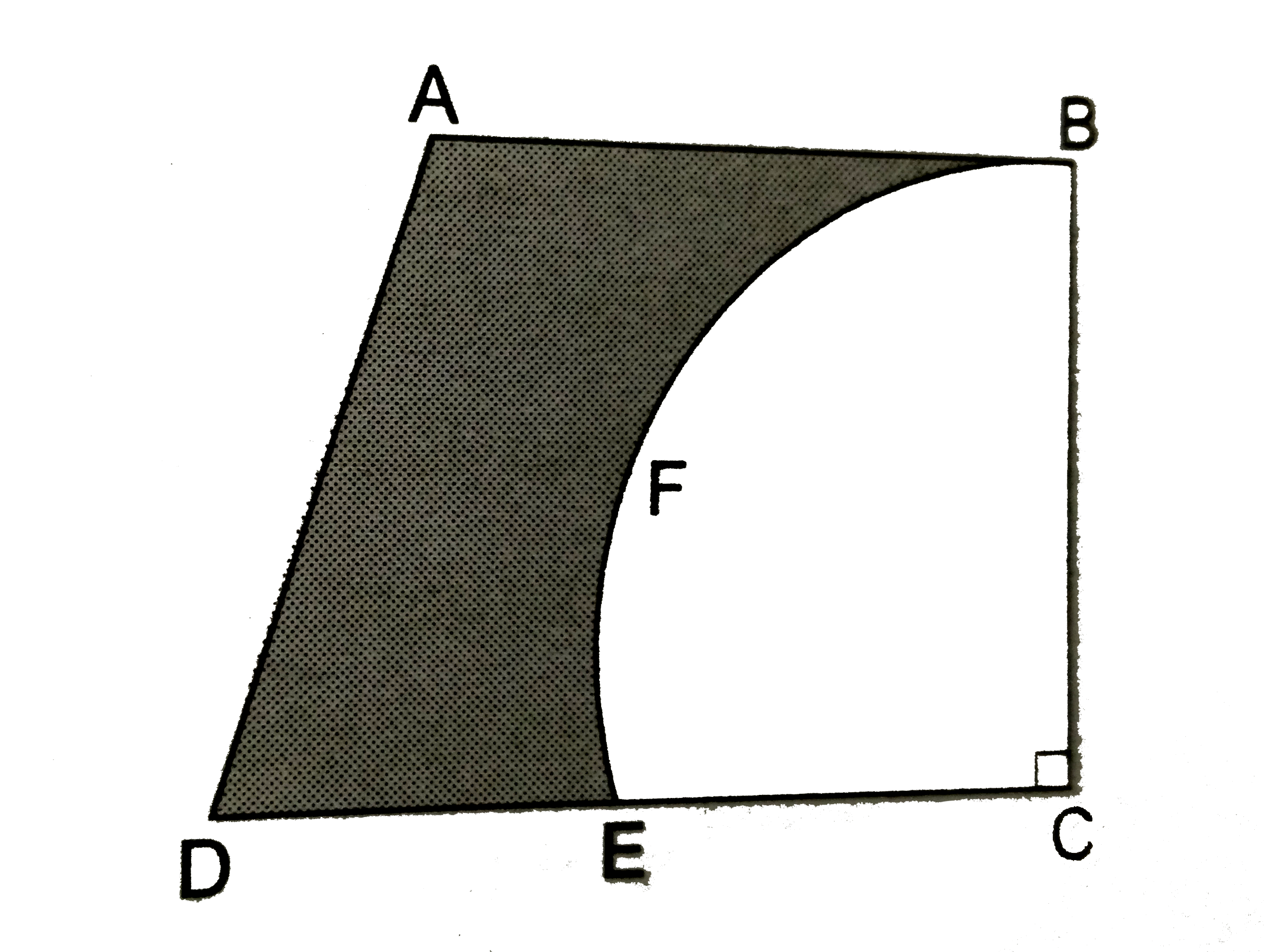 From a thin metallic piece in the shaped of a trapezium ABCD in which AB||CD and /BCD=90^(@),a quarter circle BFEC is removed. Given, AB=BC=3.5cm and DE=2cm calculate the area of remaining (shaded) part of metal sheet.
