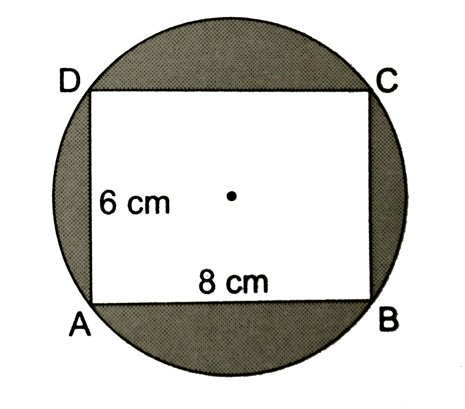 In the given figure ABCD is a rectangle inscribed in a circle having length 8 cm and breadth 6 cm. If pi=3.14 then the area of the shaded region is