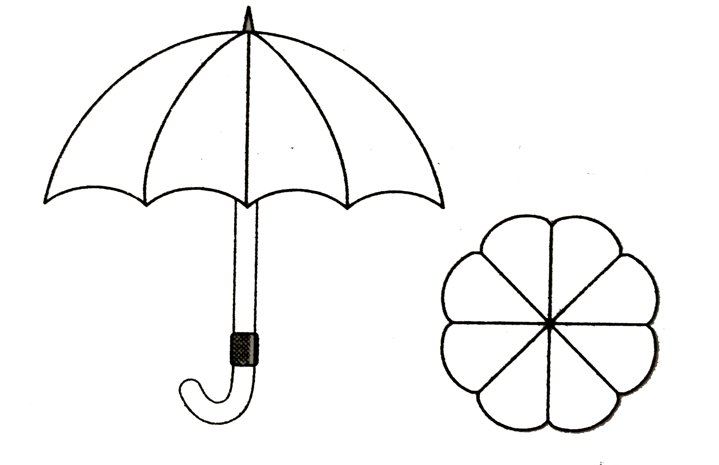 An umbrella has 8 ribs which are equally spaced (as shown in the figure).Assuming the umbrella to be a flat circle of radius 42 cm, find the area between the two consecutive ribs of the umbrella.