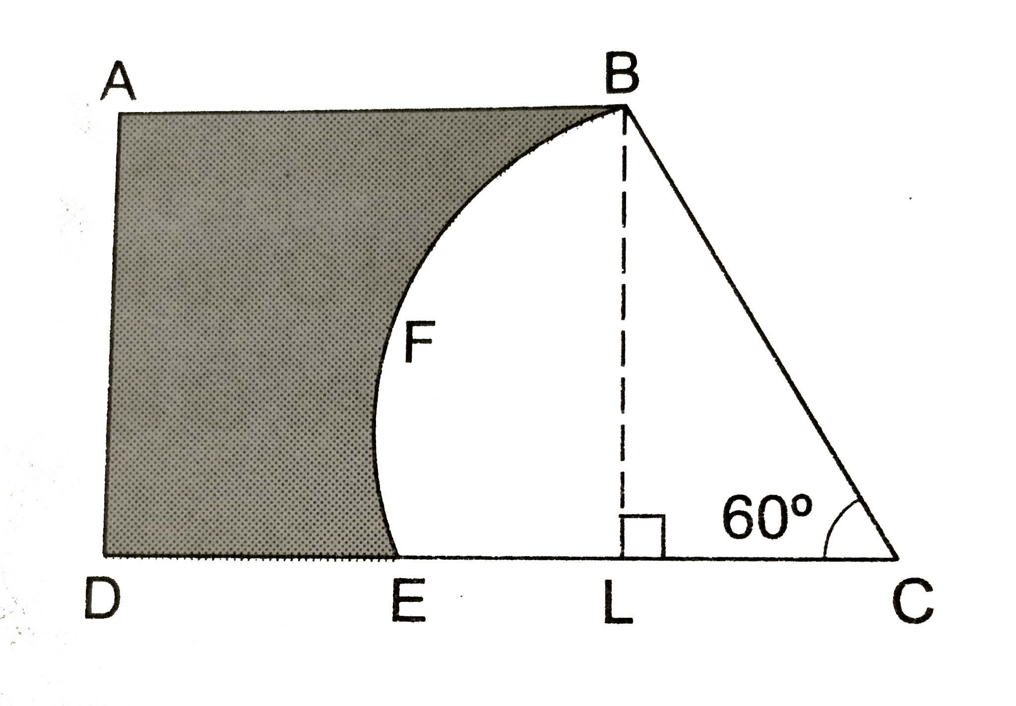 In the given figure, ABCD is a trapezium with AB||CD nad /BCD=60^(@).If BFEC is a sector of a circle with centre C and AB=BC=7 cm and DE=4cm, then find the area of the shaded region. [Use pi=22//7 and sqrt(3)=1.73]