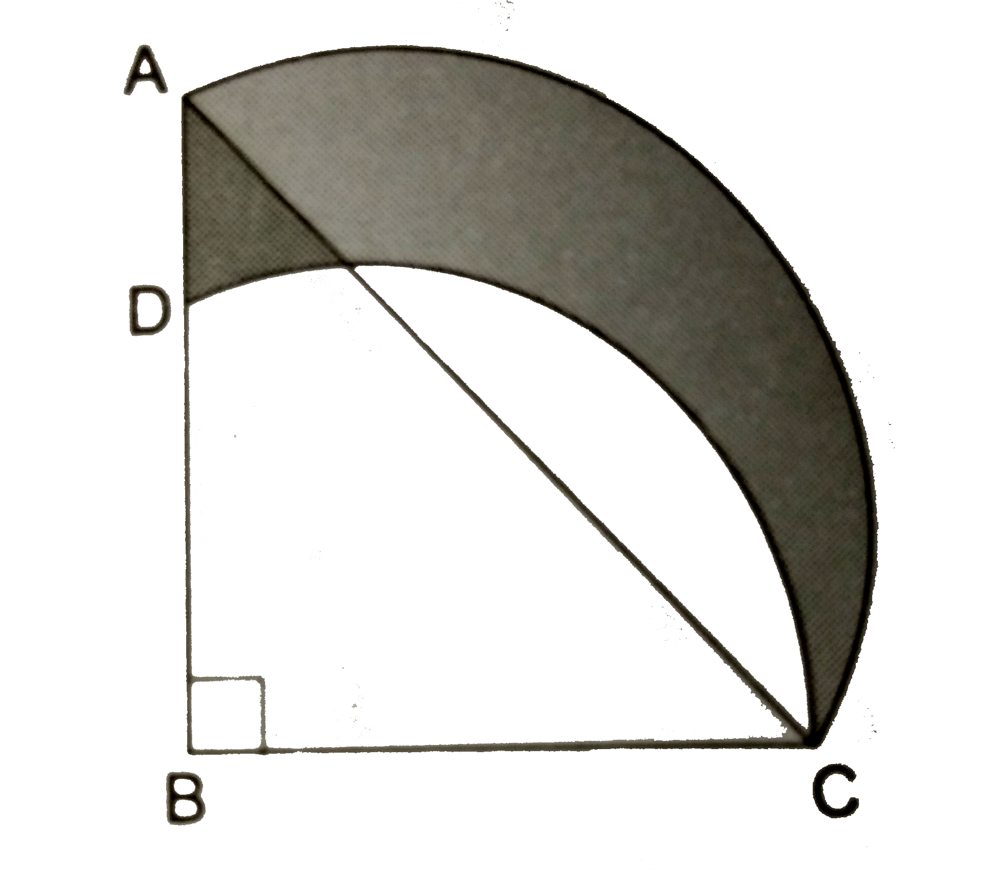 In the given figure DeltaABC is a right angled triangle with /B=90^(@),AB=48cm and BC=14cm. With AC as diameter a semicircle is drawn and with BC as radius, a quadrant of a circle is  drawn. Find the area of the shaded region.   [Use pi=22/7]
