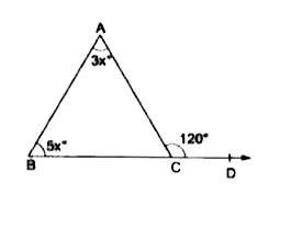 one side of a triangle is produced and the exterior angle so formed is 120^(@).if the interior opposite angles be in the ratio 3:5.find the measure of each angles of triangle .