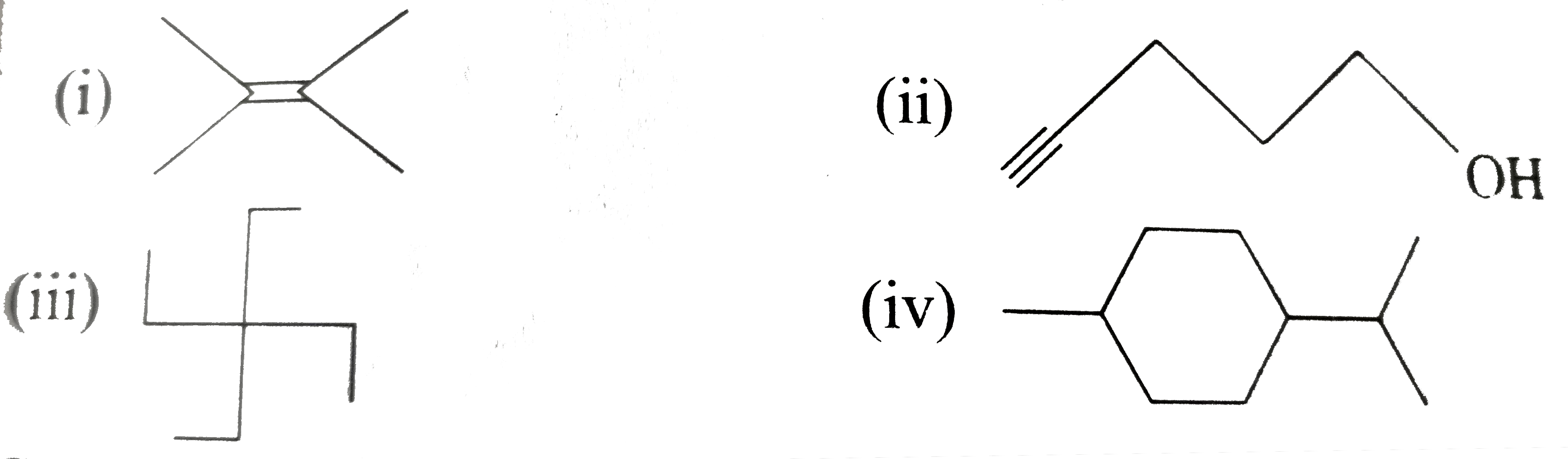 Expand each of the following bond-line formulas to show all the possible atoms including carbon and hydrogen.   (i)    Strategy: Each intersection of two or more lines and the end of a line represent a C atoms unless some other atom is written.