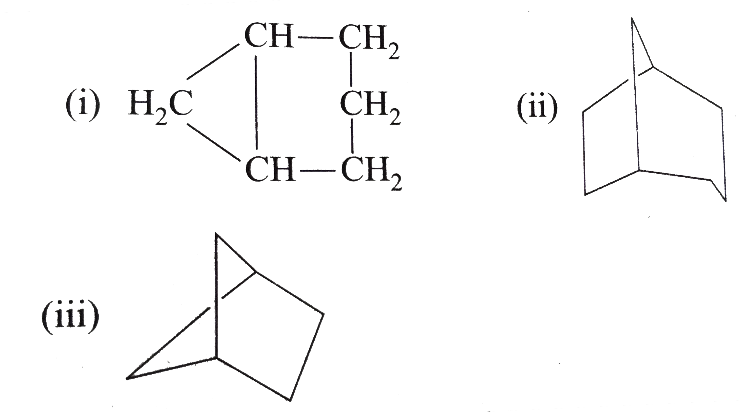 Give the IUPAC names for each of the following bicyclic alkanes:   (i)    Strategy: Combine the prefix bicyclo-with a pair of square brackets enclosing numbers separated by periods. It is then followed by the name of the alkane whose number of C's equals the number of C's in th rings. The bracketed numbers show how many C's are in each bridge and are cited in decreasing order.