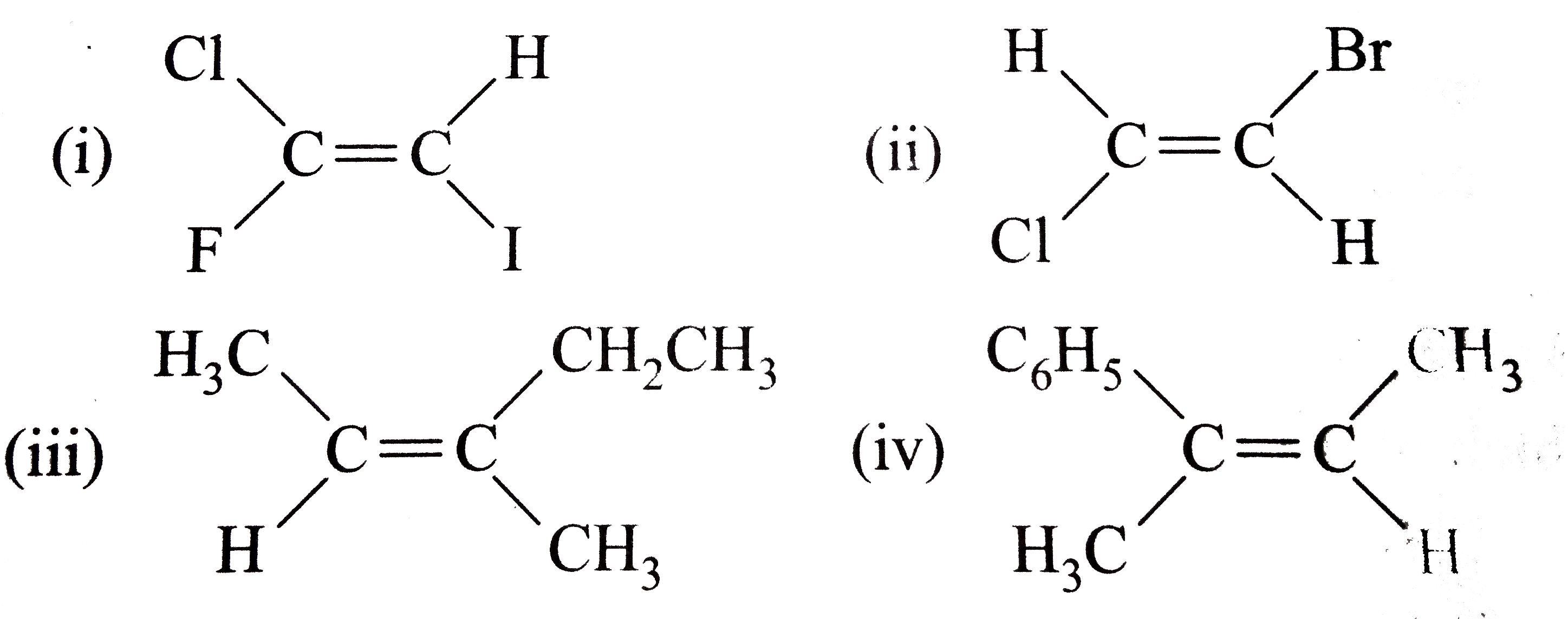 Classify the following alkenes and their derivatives as Z or E   (i)    (ii)     Strategy: This method is preferable to the use of cis-trans beacuse it is not practical to identify cis and trans isomers when the four groups on C=C are different. The letter Z is used when the two high-priority substituets are on the same side of  the double bond and the letter E is used when they are on the opposite sides (from the German words zusammen meaning together and entgegen meaning opposite), as shown: