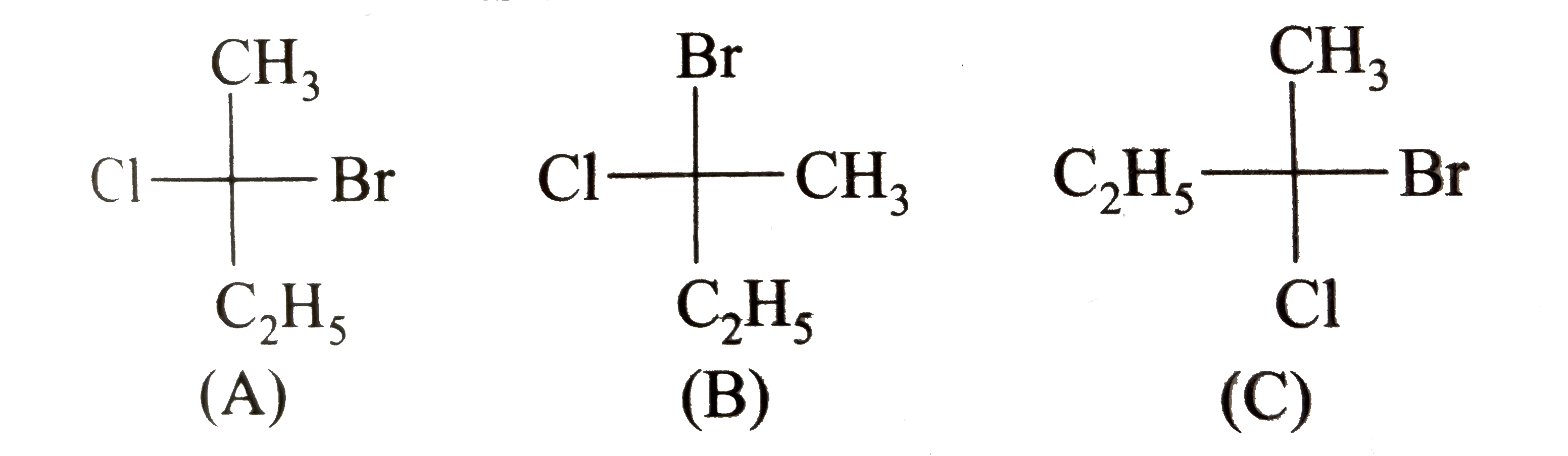 The interchange of two groups (Brand CH(3) at the chiral centre of the projection formula (A) yields the fromula (B),while the interchange of another set of two groups (C(2)H(5) and CI) of (A) yields the projection formula (C ).       Which of the following statemenets is not correct about the structures (A),(B) are (C )?