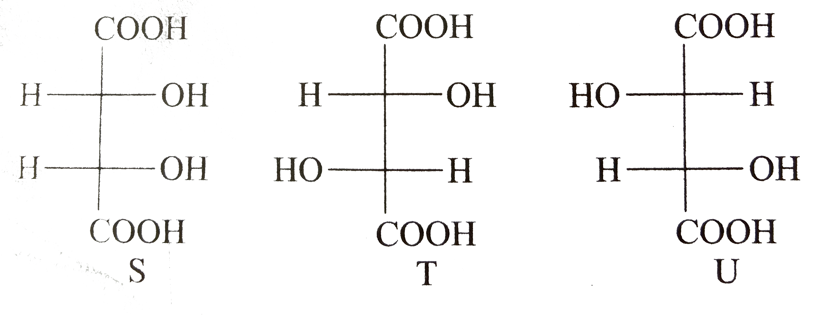 P and Q are isomers of dicarboxylic acid C(4)H(4)O(4). Bothdecolorize Br(2)//H(2)O. On heating, P forms the cyclic anhydride. Upon treatment with dilute alkaline KMnO(4),P as well as Q could produce one or more than one forms S,T and U.    Compounds formed from P and Q are, respectively